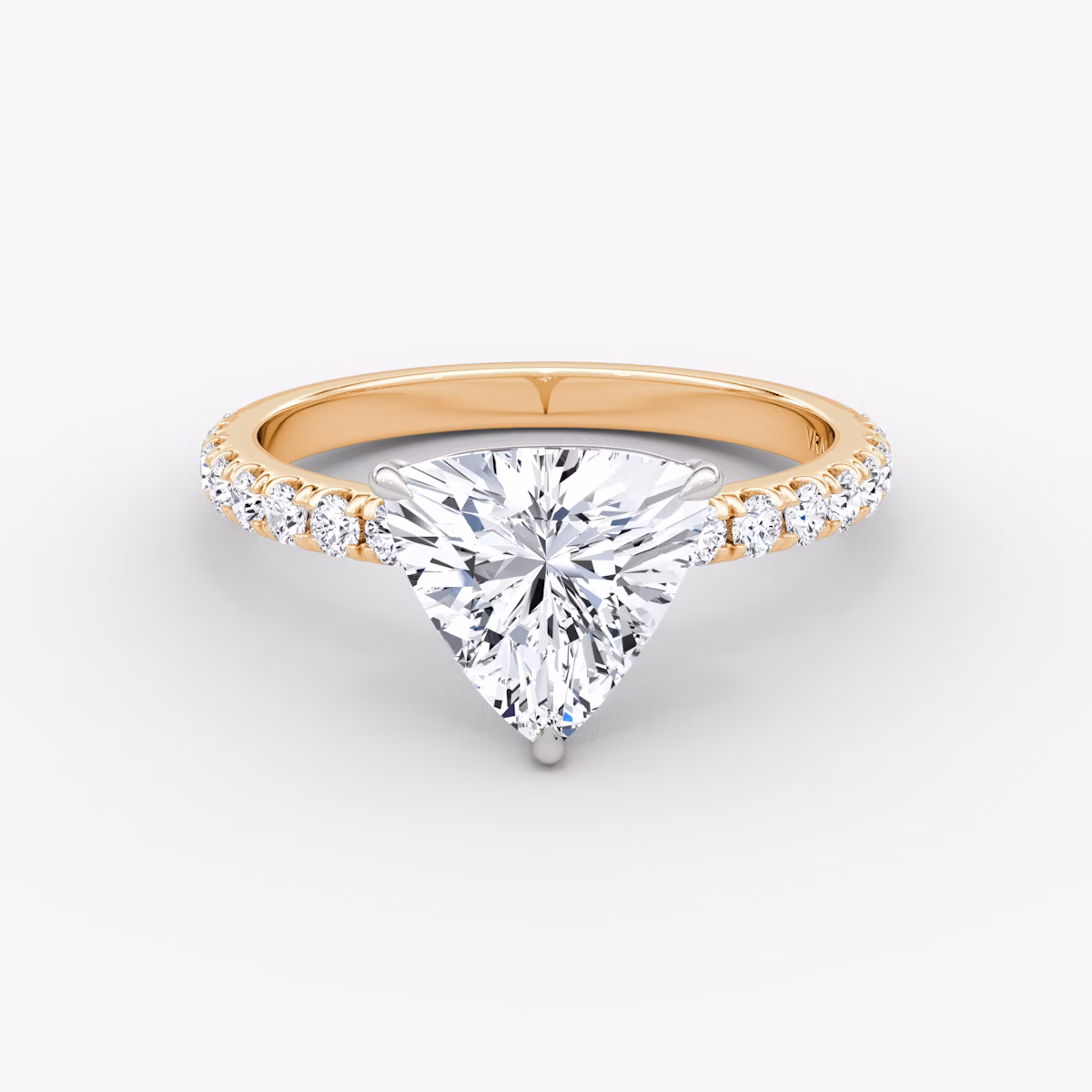 The Signature | Trillion | 14k | Rose Gold and Platinum | bandAccent: Pavé | bandWidth: large | hiddenHalo: no | diamondOrientation: vertical | caratWeight: other