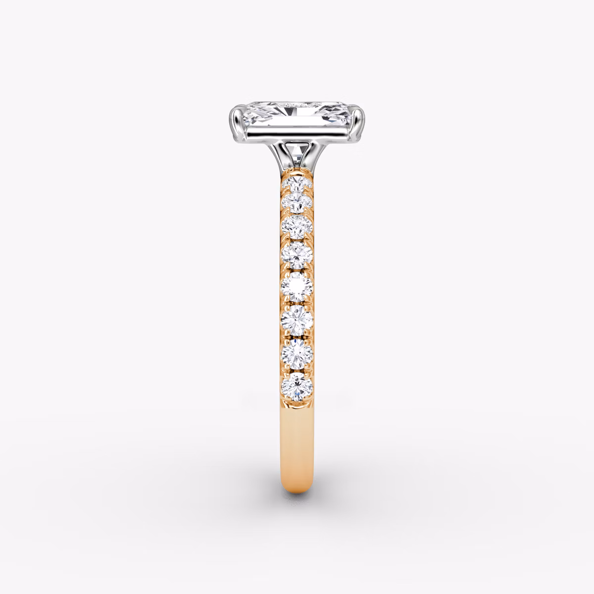 The Signature | Radiant | 14k | Rose Gold and Platinum | bandAccent: Pavé | bandWidth: large | hiddenHalo: no | diamondOrientation: vertical | caratWeight: other