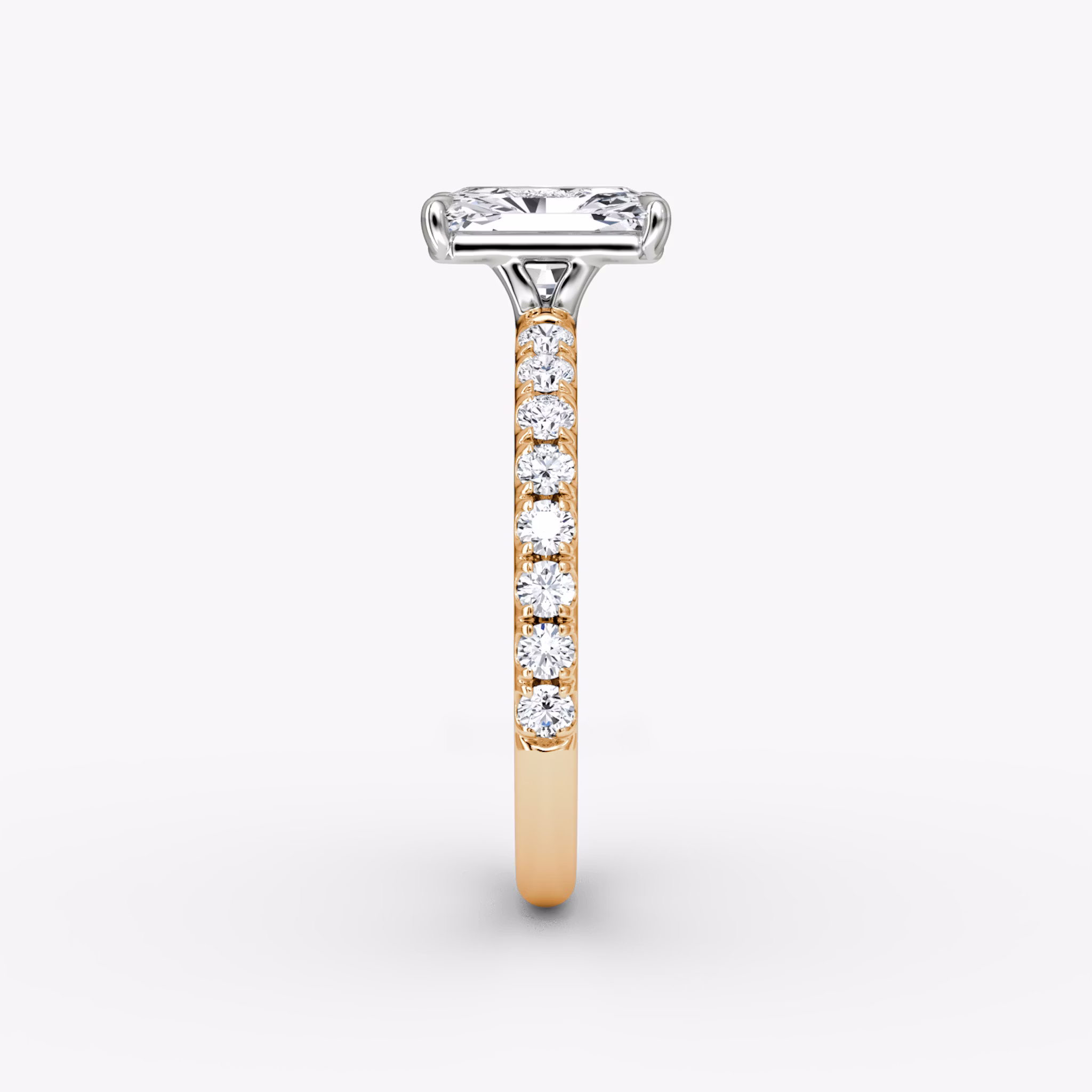 The Signature | Radiant | 14k | Rose Gold and Platinum | bandAccent: Pavé | bandWidth: large | hiddenHalo: no | diamondOrientation: vertical | caratWeight: other