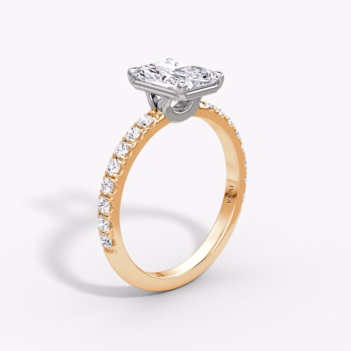 The Signature | Radiant | 14k | Rose Gold and Platinum | bandAccent: Pavé | bandWidth: large | hiddenHalo: no | diamondOrientation: vertical | caratWeight: other
