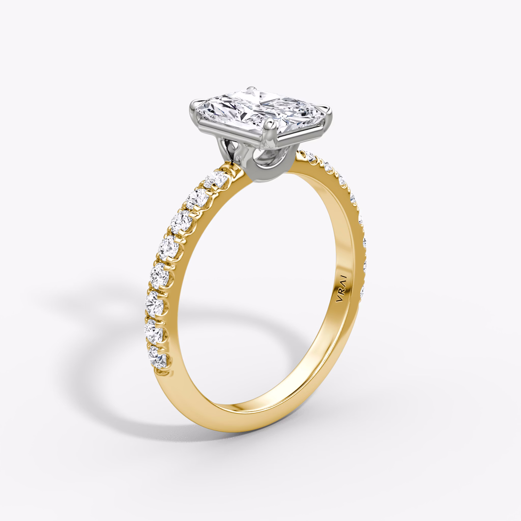 The Signature | Radiant | 18k | Yellow Gold and Platinum | bandAccent: Pavé | bandWidth: large | hiddenHalo: no | diamondOrientation: vertical | caratWeight: other