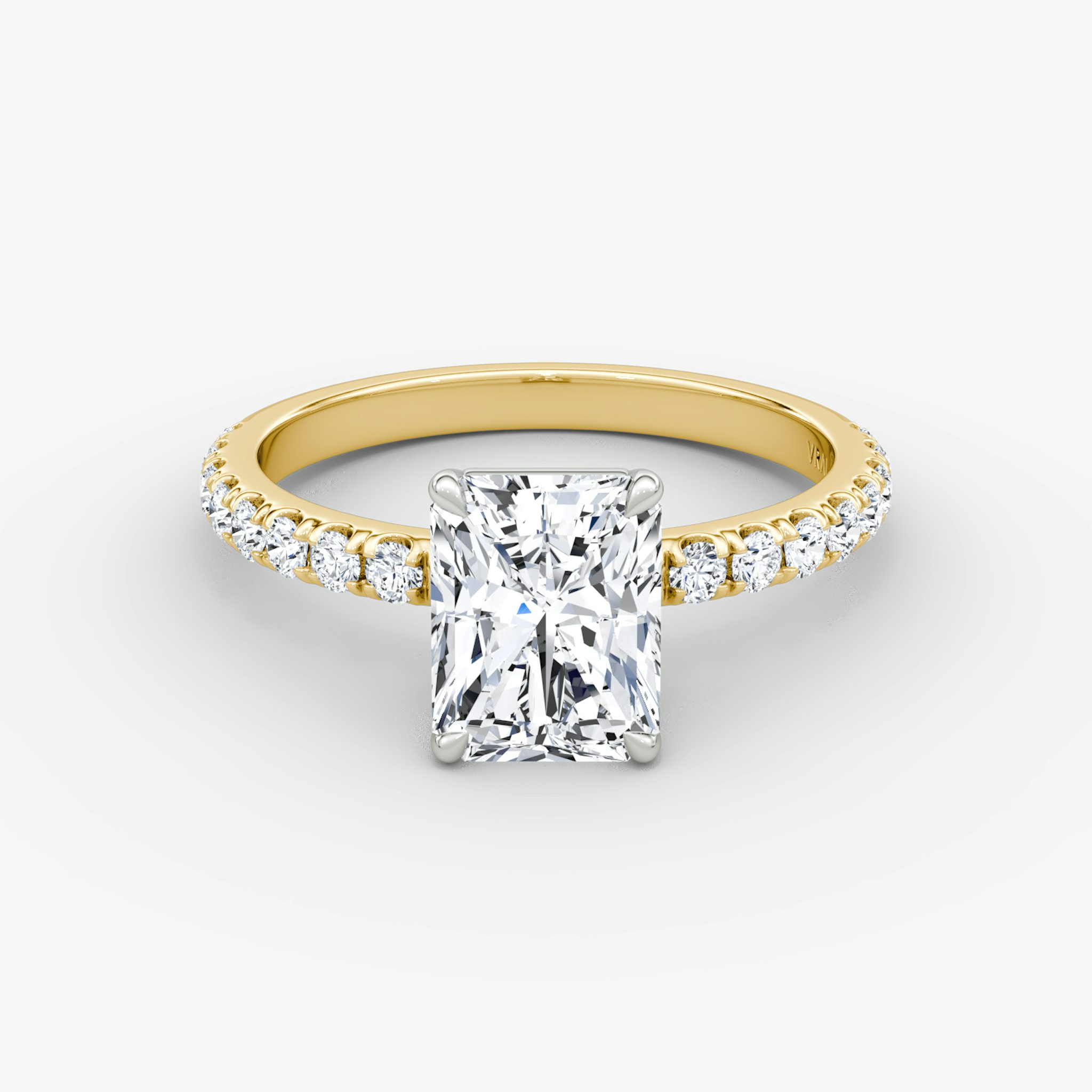 The Signature | Radiant | 18k | Yellow Gold and Platinum | bandAccent: Pavé | bandWidth: large | hiddenHalo: no | diamondOrientation: vertical | caratWeight: other