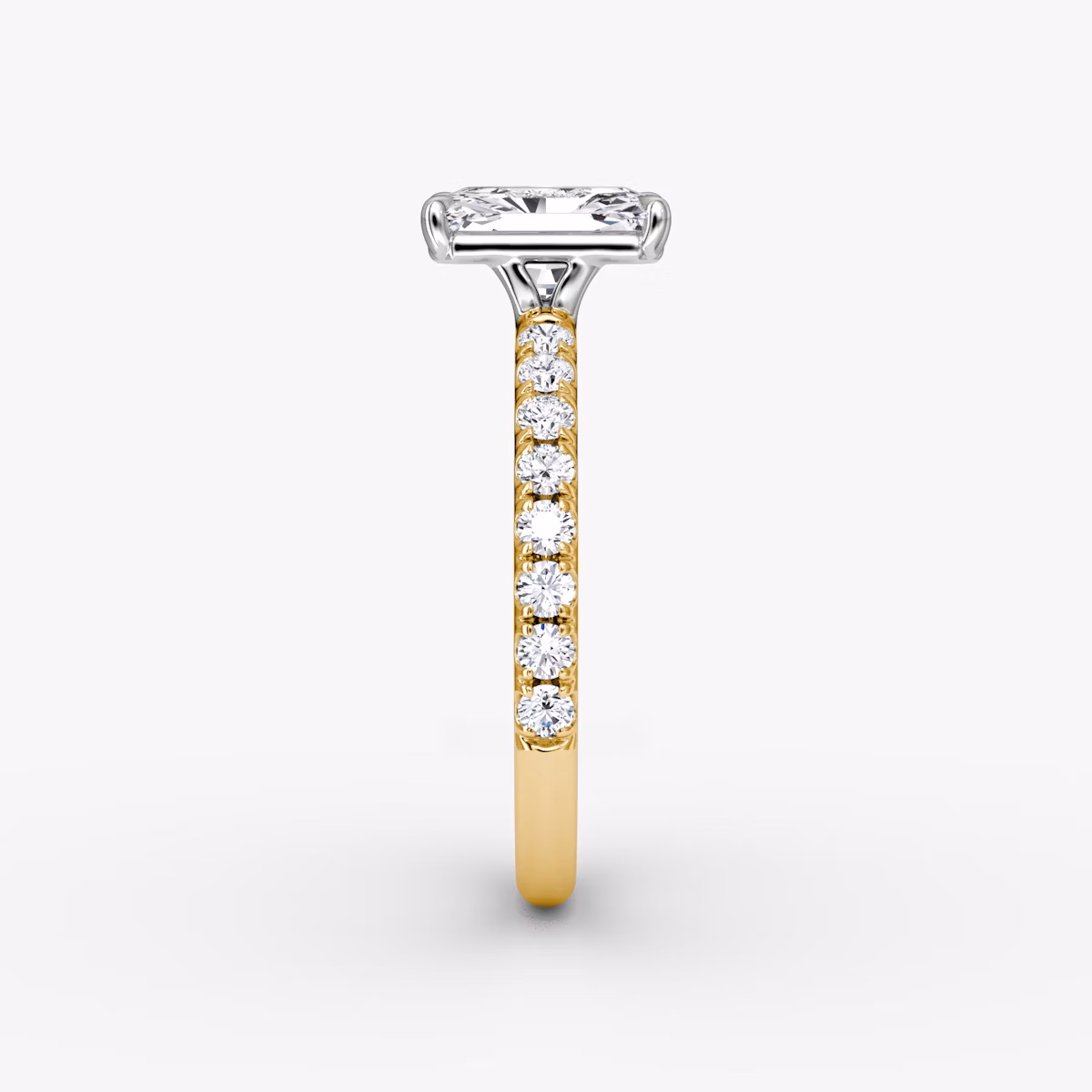 The Signature | Radiant | 18k | Yellow Gold and Platinum | bandAccent: Pavé | bandWidth: large | hiddenHalo: no | diamondOrientation: vertical | caratWeight: other