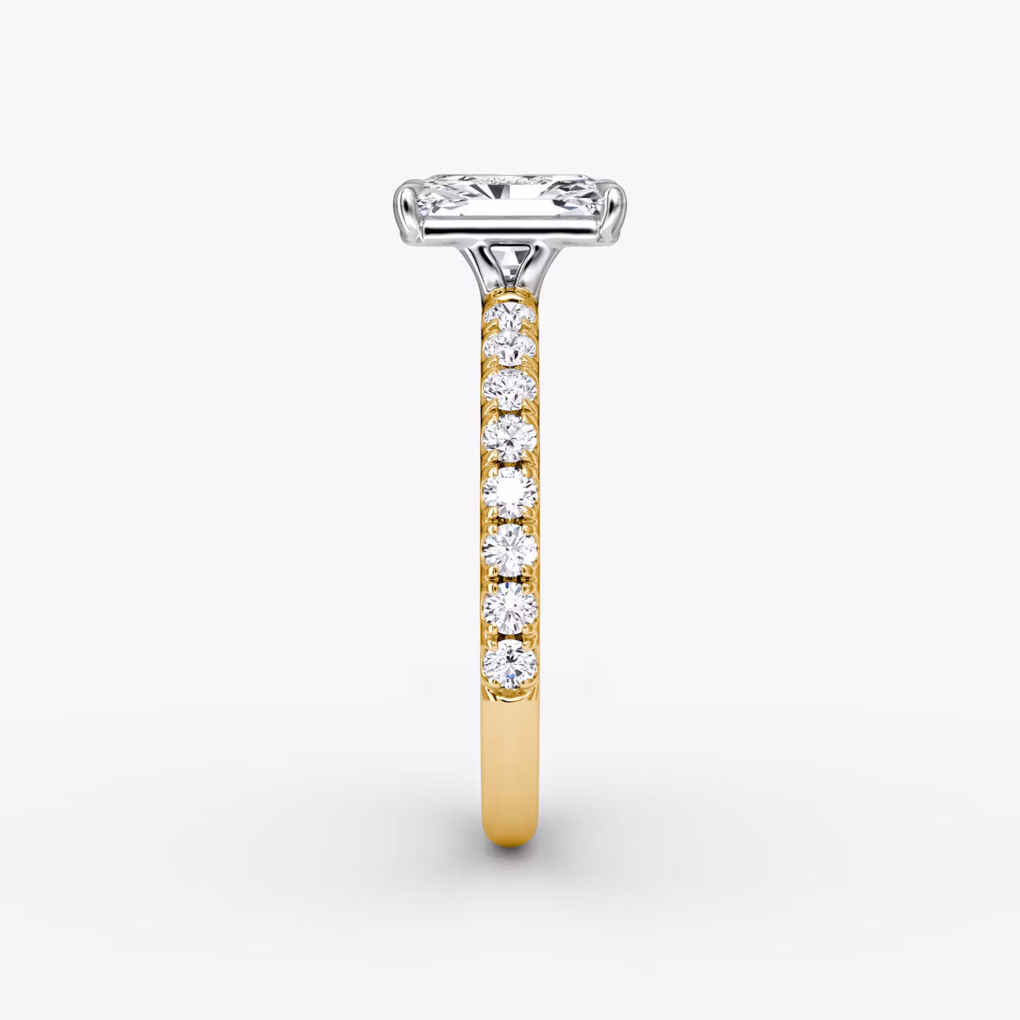 The Signature | Radiant | 18k | Yellow Gold and Platinum | bandAccent: Pavé | bandWidth: large | hiddenHalo: no | diamondOrientation: vertical | caratWeight: other