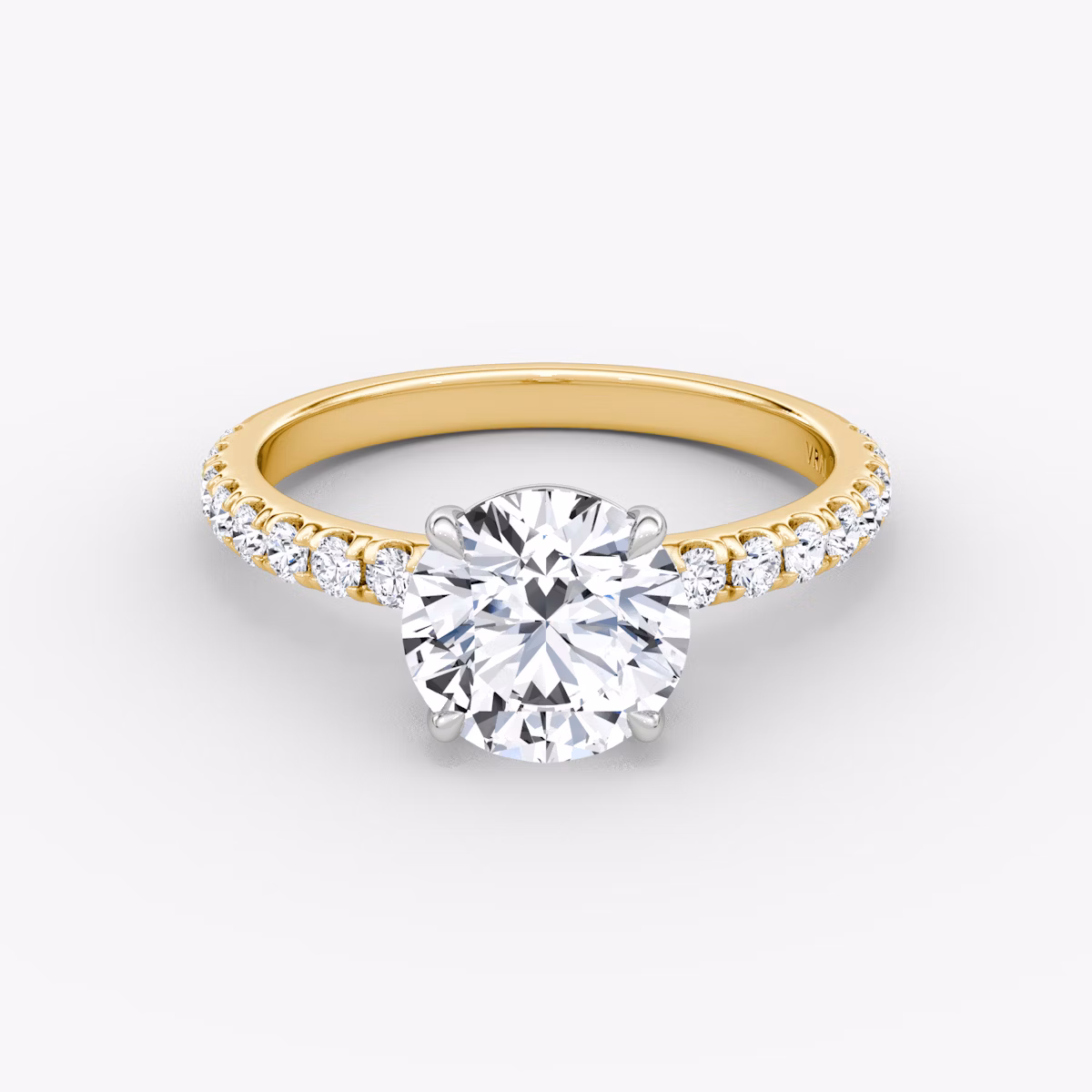 The Signature | Round Brilliant | 18k | Yellow Gold and Platinum | bandAccent: Pavé | bandWidth: large | caratWeight: other | hiddenHalo: no | diamondOrientation: vertical