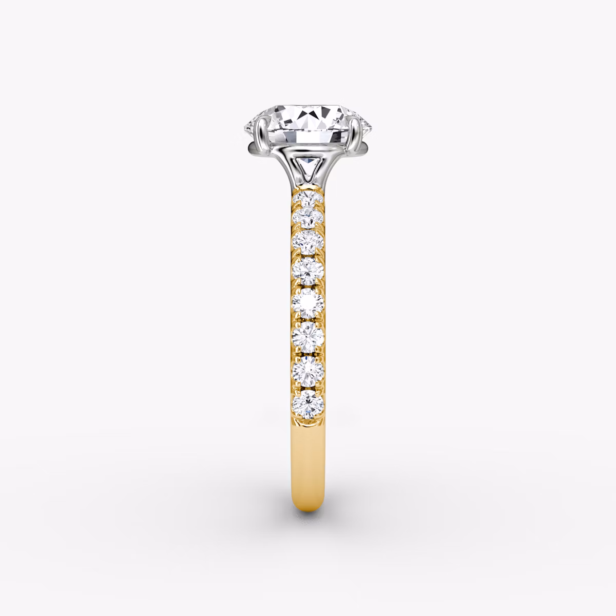 The Signature | Round Brilliant | 18k | Yellow Gold and Platinum | bandAccent: Pavé | bandWidth: large | caratWeight: other | hiddenHalo: no | diamondOrientation: vertical