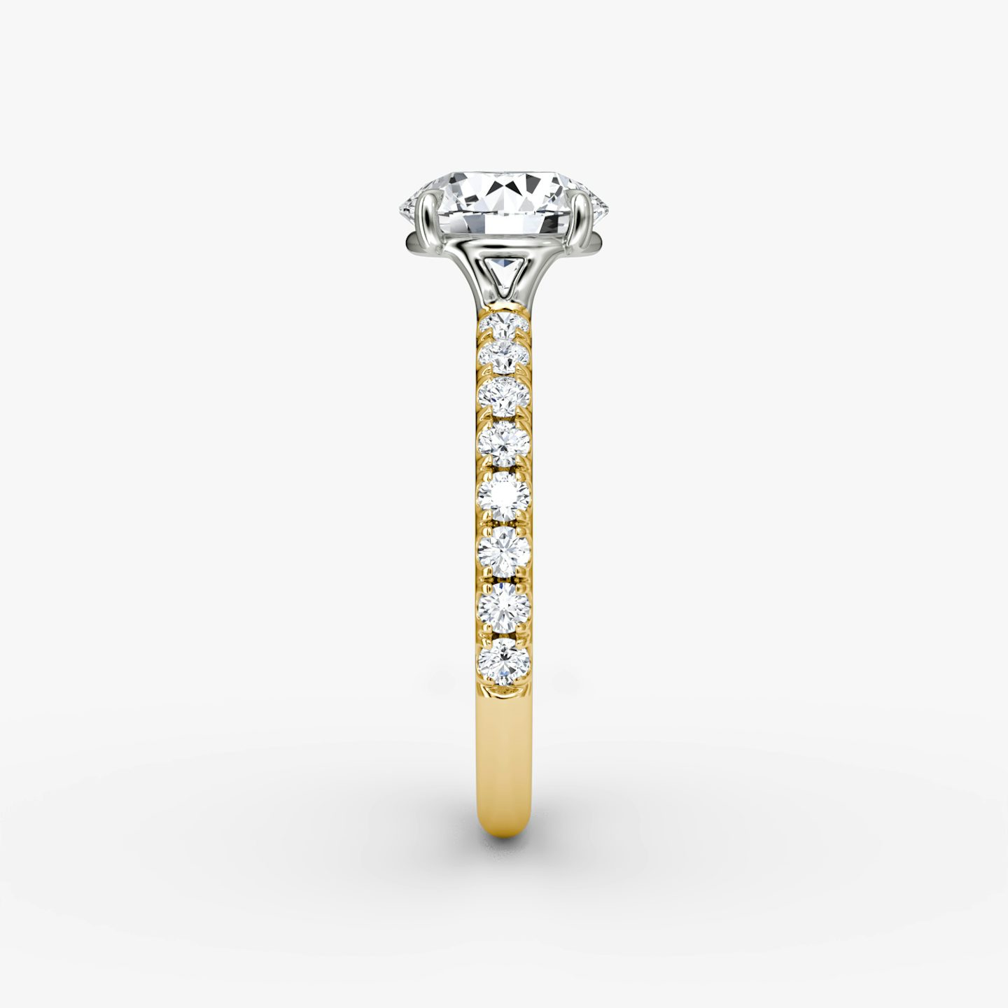The Signature | Round Brilliant | 18k | Yellow Gold and Platinum | bandAccent: Pavé | bandWidth: large | caratWeight: other | hiddenHalo: no | diamondOrientation: vertical