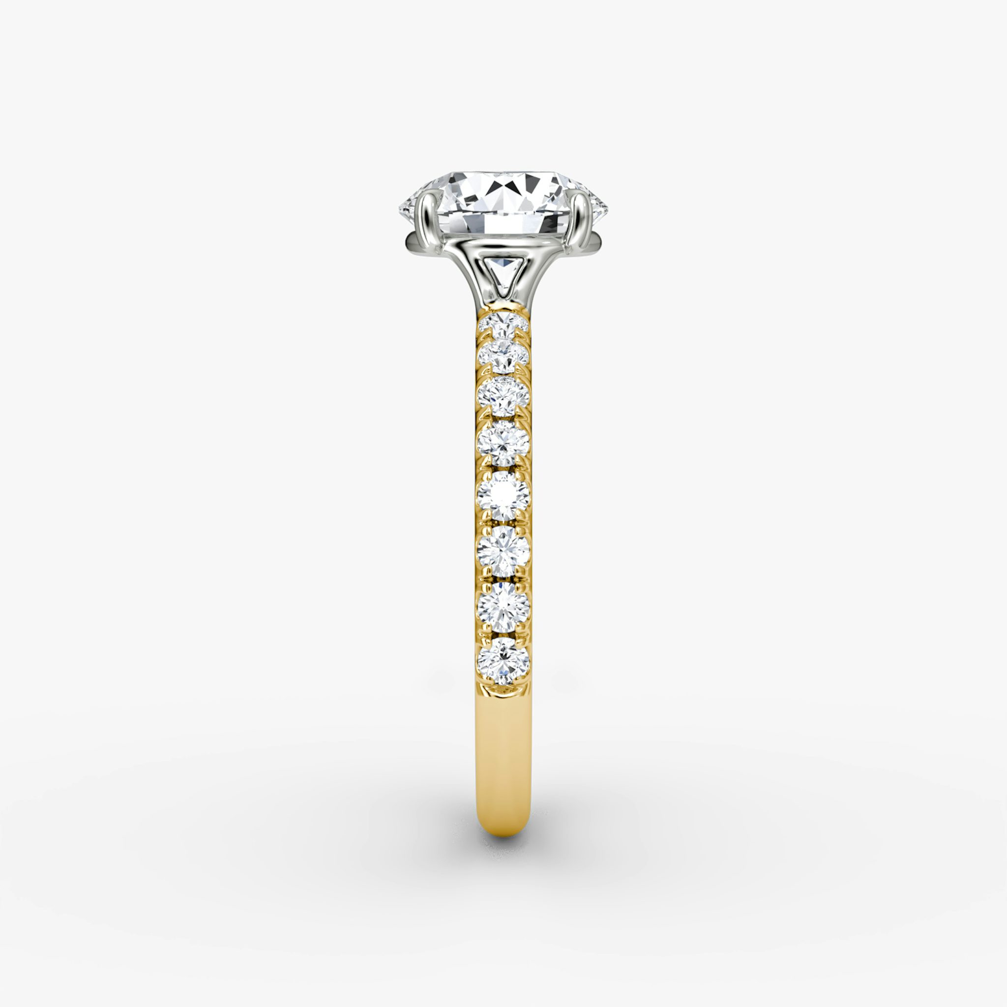 The Signature | Round Brilliant | 18k | Yellow Gold and Platinum | bandAccent: Pavé | bandWidth: large | caratWeight: other | hiddenHalo: no | diamondOrientation: vertical