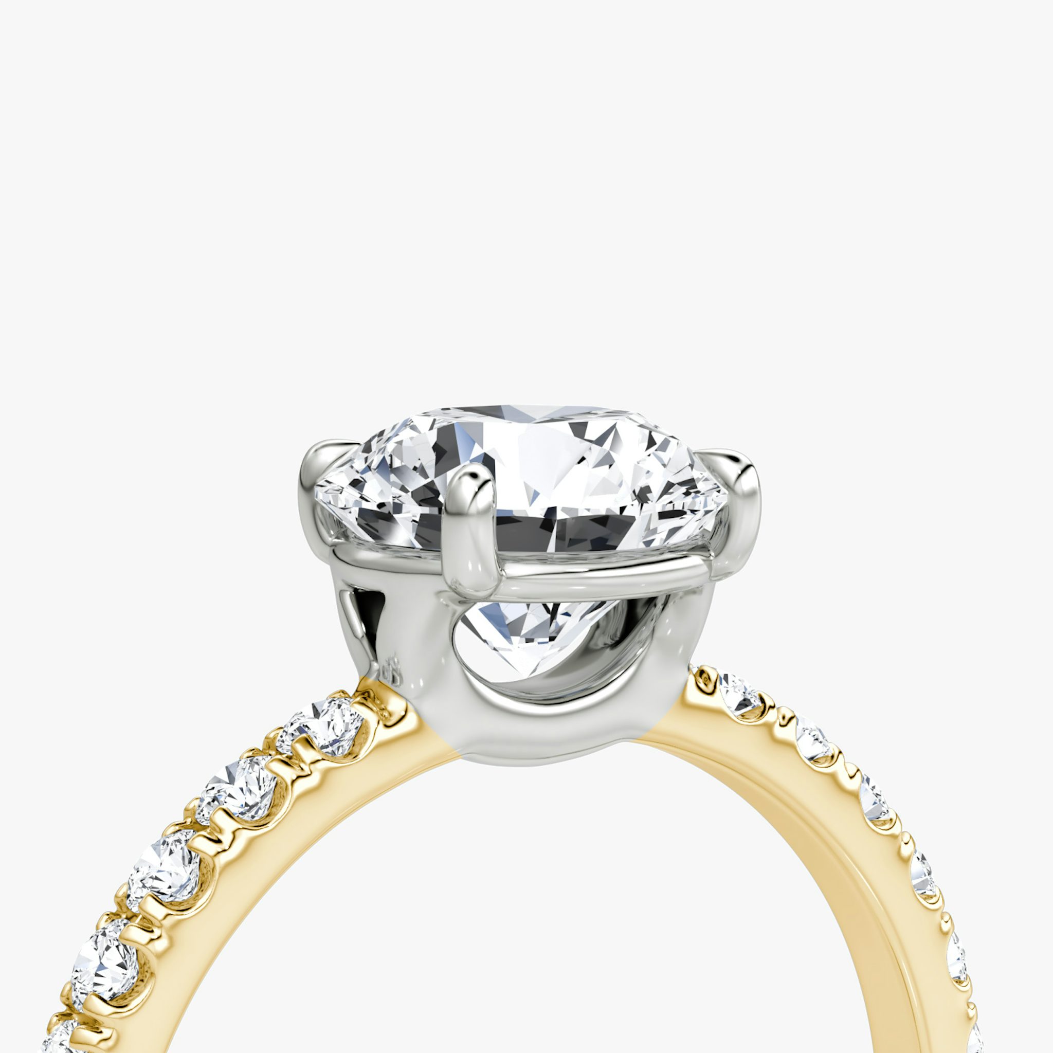The Signature | Round Brilliant | 18k | Yellow Gold and Platinum | bandAccent: Pavé | bandWidth: large | caratWeight: other | hiddenHalo: no | diamondOrientation: vertical