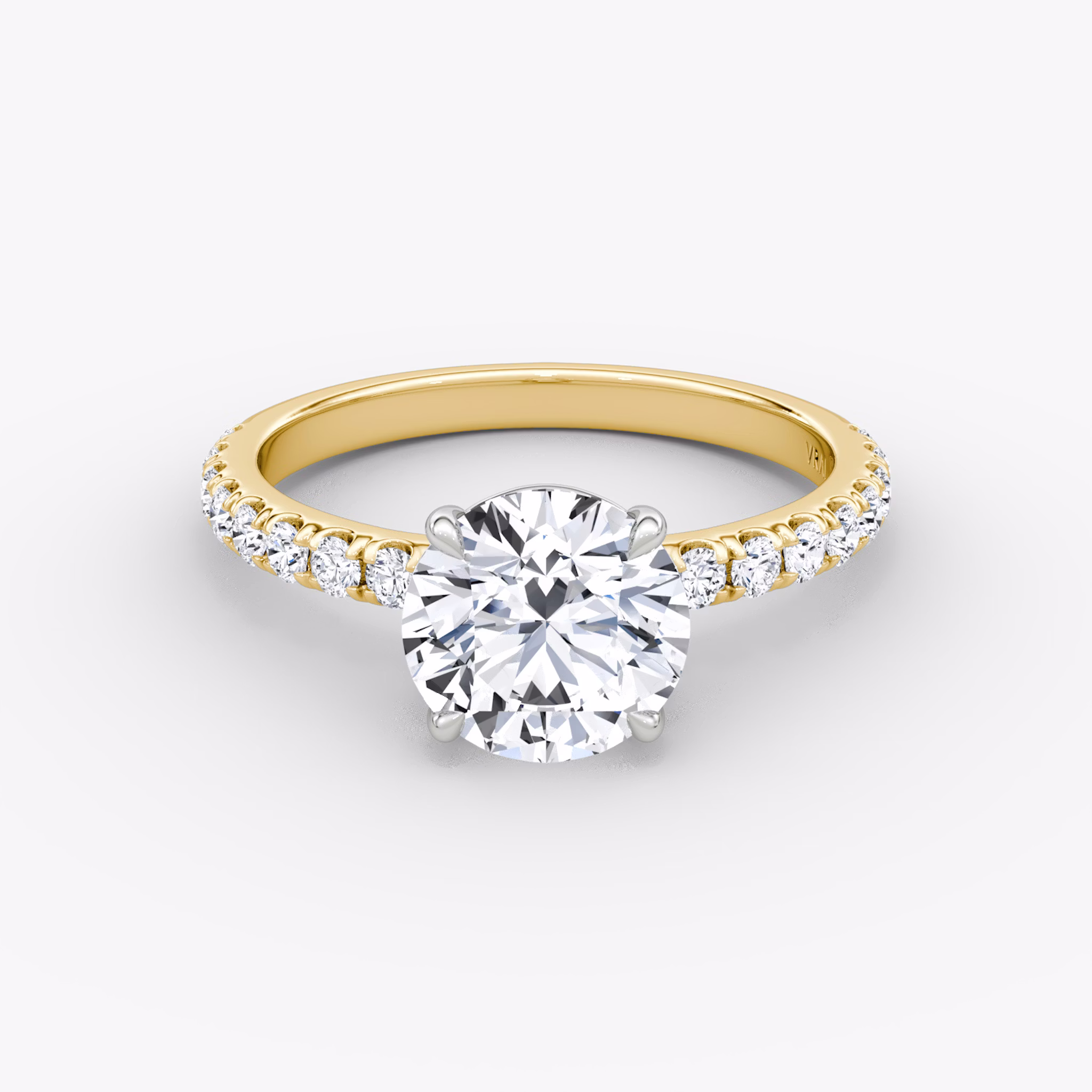 The Signature | Round Brilliant | 18k | Yellow Gold and Platinum | bandAccent: Pavé | bandWidth: large | caratWeight: 1.5ct | hiddenHalo: no | diamondOrientation: vertical