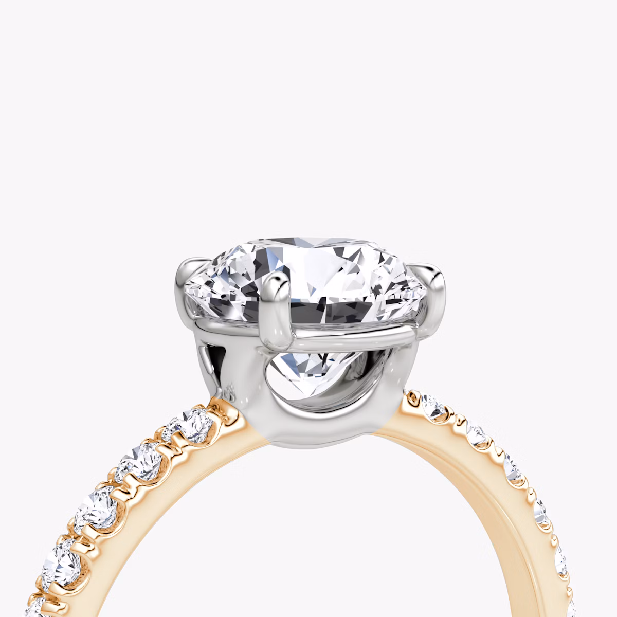 The Signature | Round Brilliant | 14k | Rose Gold and Platinum | bandAccent: Pavé | bandWidth: large | caratWeight: other | hiddenHalo: no | diamondOrientation: vertical