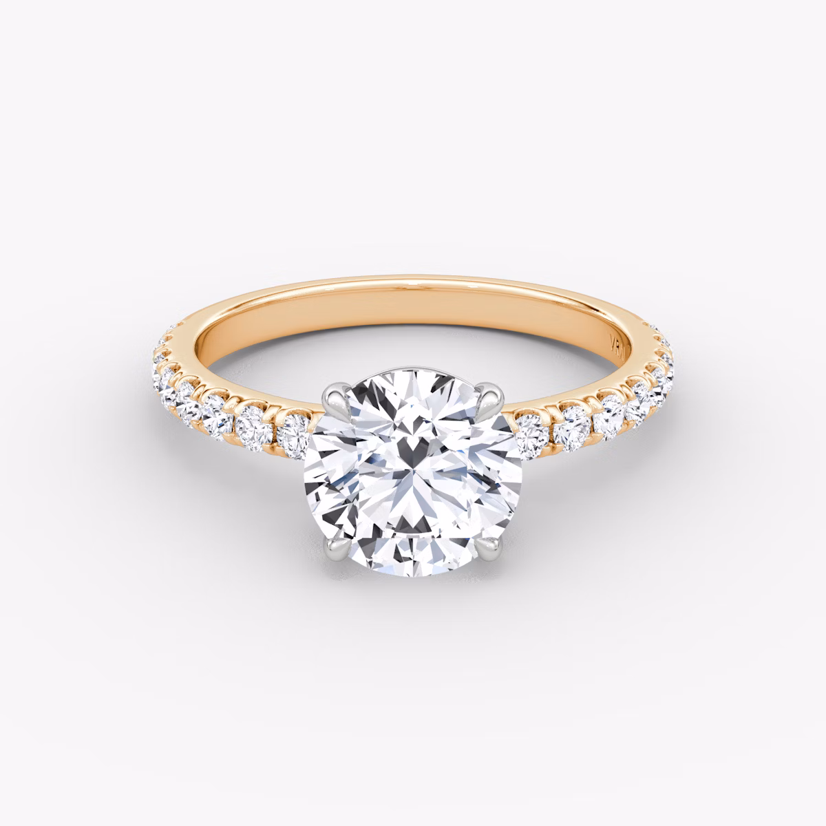 The Signature | Round Brilliant | 14k | Rose Gold and Platinum | bandAccent: Pavé | bandWidth: large | caratWeight: other | hiddenHalo: no | diamondOrientation: vertical