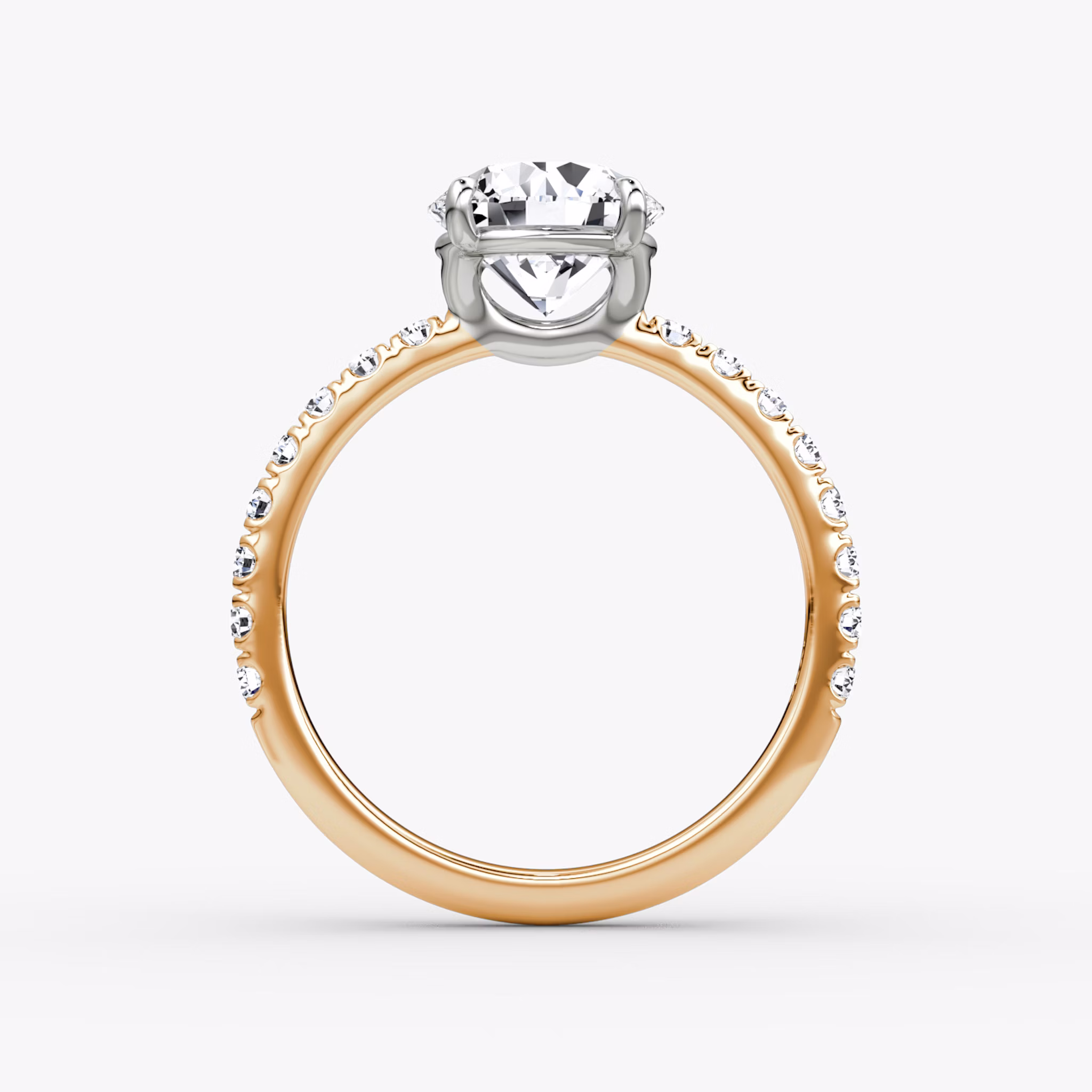 The Signature | Round Brilliant | 14k | Rose Gold and Platinum | bandAccent: Pavé | bandWidth: large | caratWeight: other | hiddenHalo: no | diamondOrientation: vertical