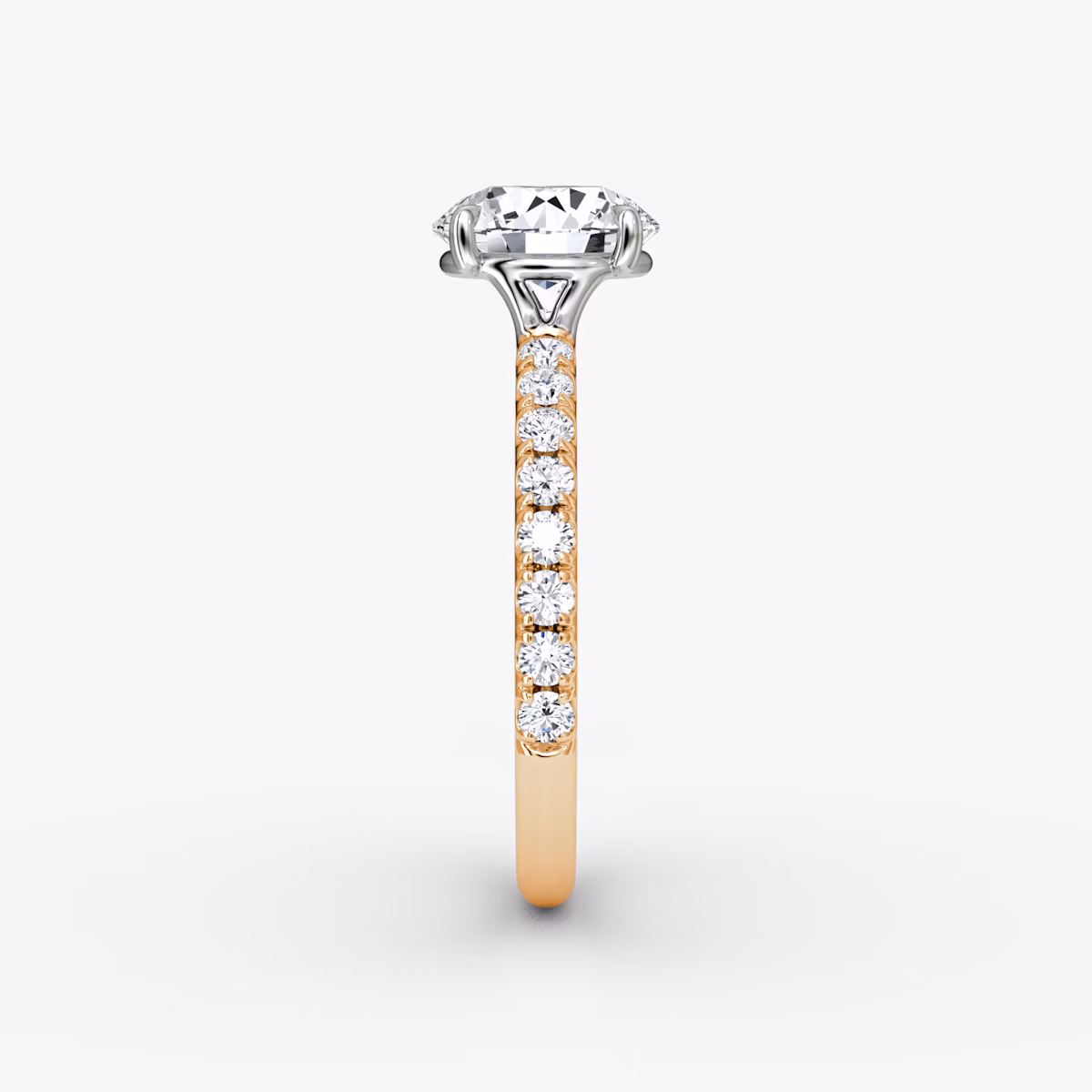 The Signature | Round Brilliant | 14k | Rose Gold and Platinum | bandAccent: Pavé | bandWidth: large | caratWeight: other | hiddenHalo: no | diamondOrientation: vertical
