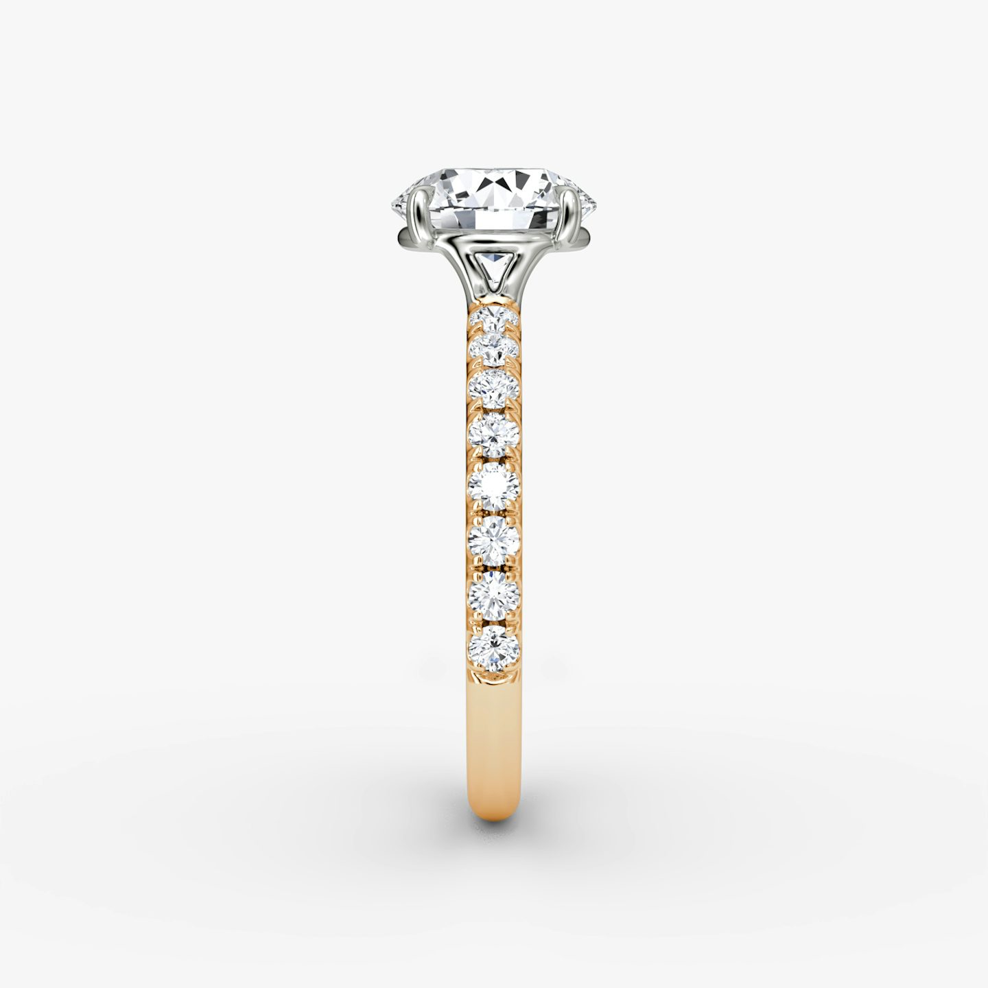 The Signature | Round Brilliant | 14k | Rose Gold and Platinum | bandAccent: Pavé | bandWidth: large | caratWeight: other | hiddenHalo: no | diamondOrientation: vertical