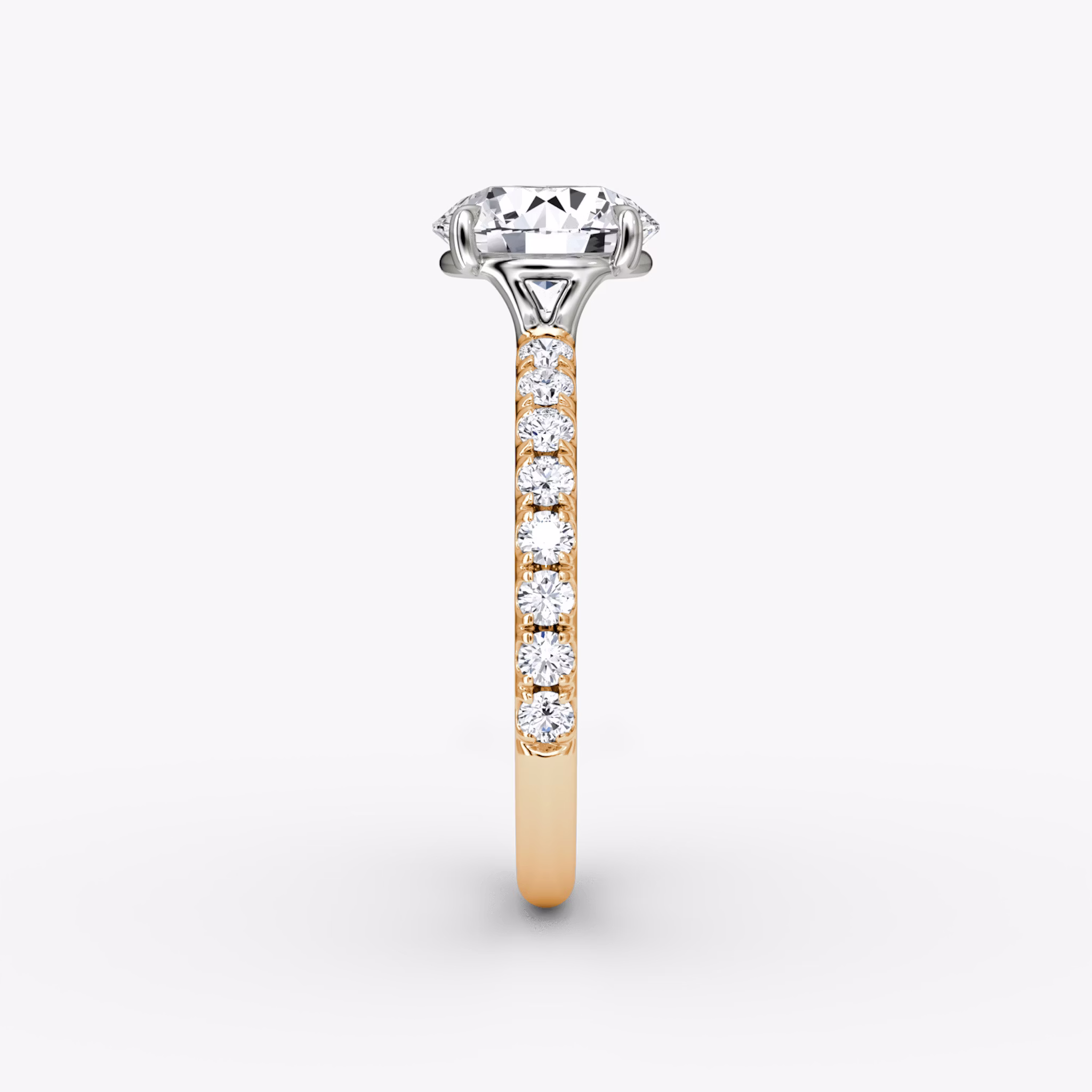 The Signature | Round Brilliant | 14k | Rose Gold and Platinum | bandAccent: Pavé | bandWidth: large | caratWeight: 1.5ct | hiddenHalo: no | diamondOrientation: vertical