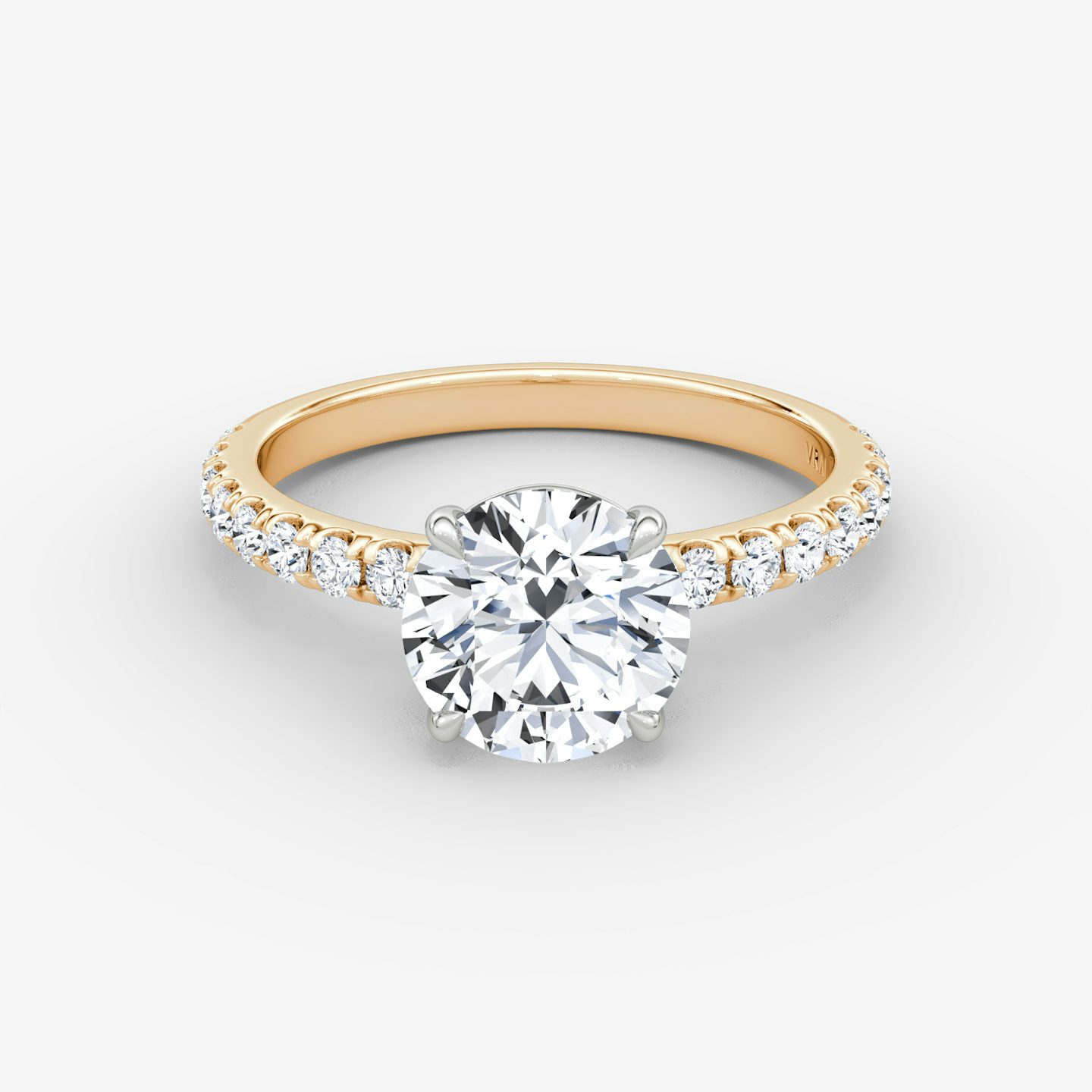 The Signature | Round Brilliant | 14k | Rose Gold and Platinum | bandAccent: Pavé | bandWidth: large | caratWeight: 2.0ct | hiddenHalo: no | diamondOrientation: vertical