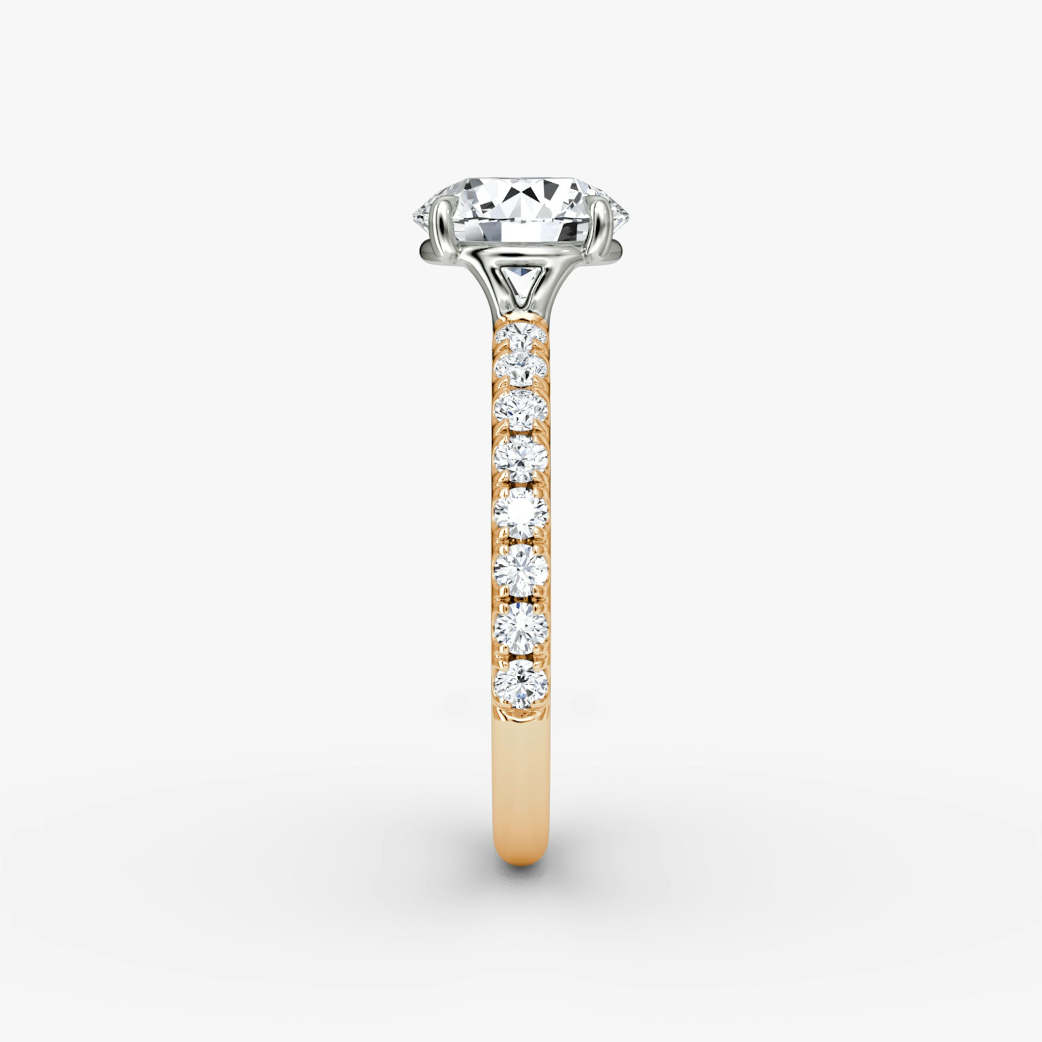 The Signature | Round Brilliant | 14k | Rose Gold and Platinum | bandAccent: Pavé | bandWidth: large | caratWeight: 2.0ct | hiddenHalo: no | diamondOrientation: vertical