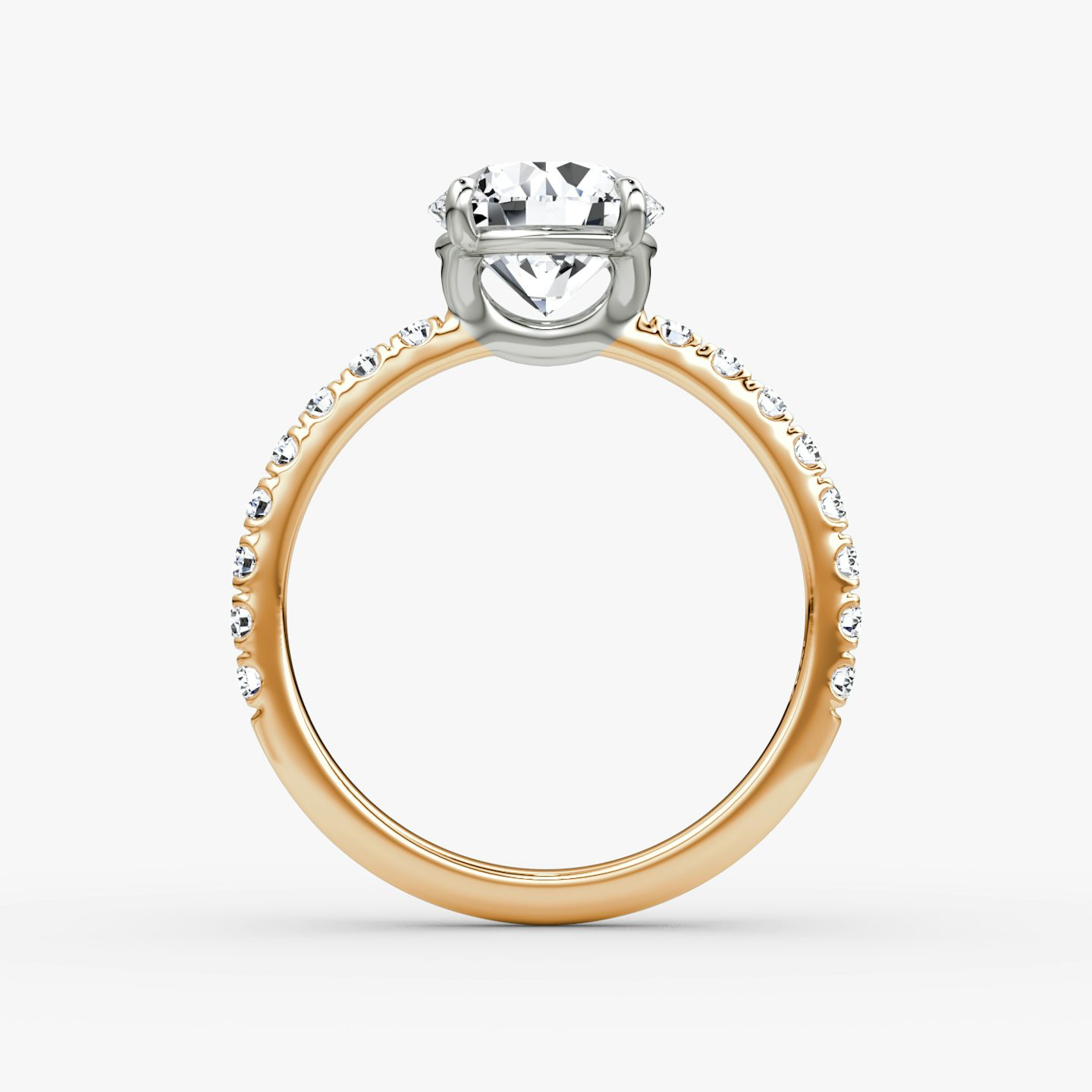 The Signature | Round Brilliant | 14k | Rose Gold and Platinum | bandAccent: Pavé | bandWidth: large | caratWeight: 2.0ct | hiddenHalo: no | diamondOrientation: vertical