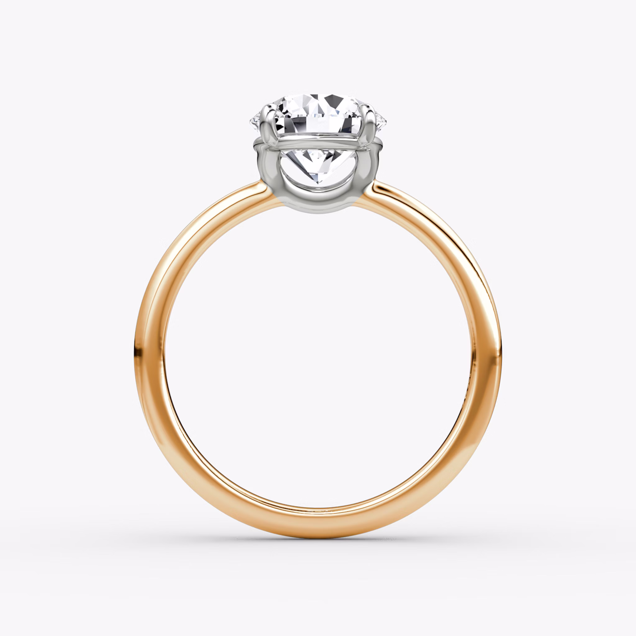 The Signature | Round Brilliant | 14k | Rose Gold and Platinum | bandAccent: Plain | bandWidth: large | caratWeight: 1.0ct | hiddenHalo: no | diamondOrientation: vertical