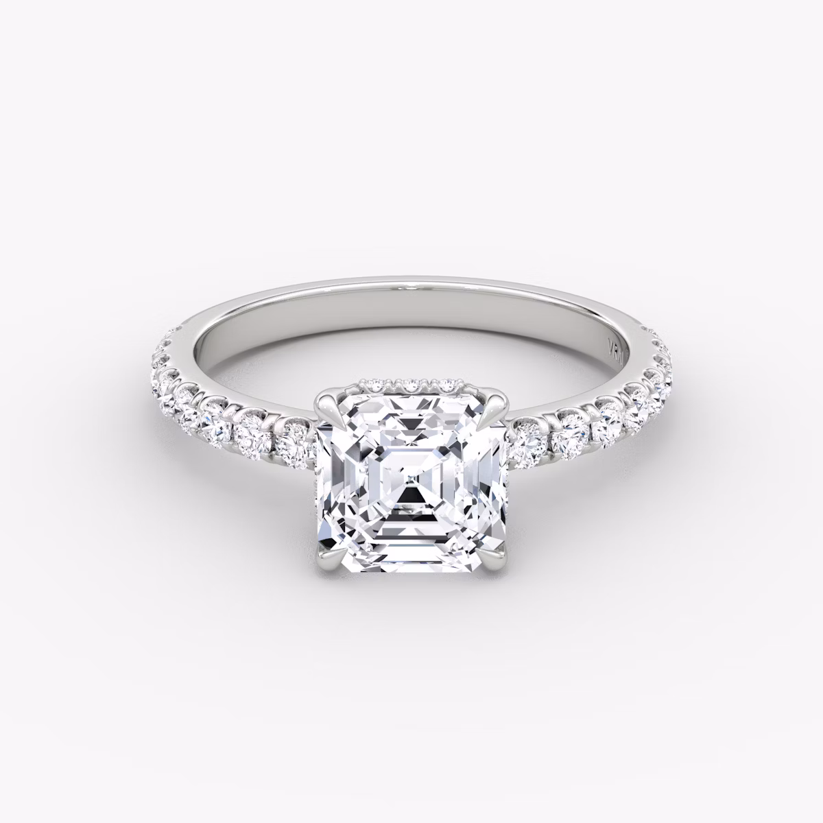 The Signature | Asscher | 18k | White Gold | bandAccent: Pavé | bandWidth: large | hiddenHalo: yes | diamondOrientation: horizontal | caratWeight: other