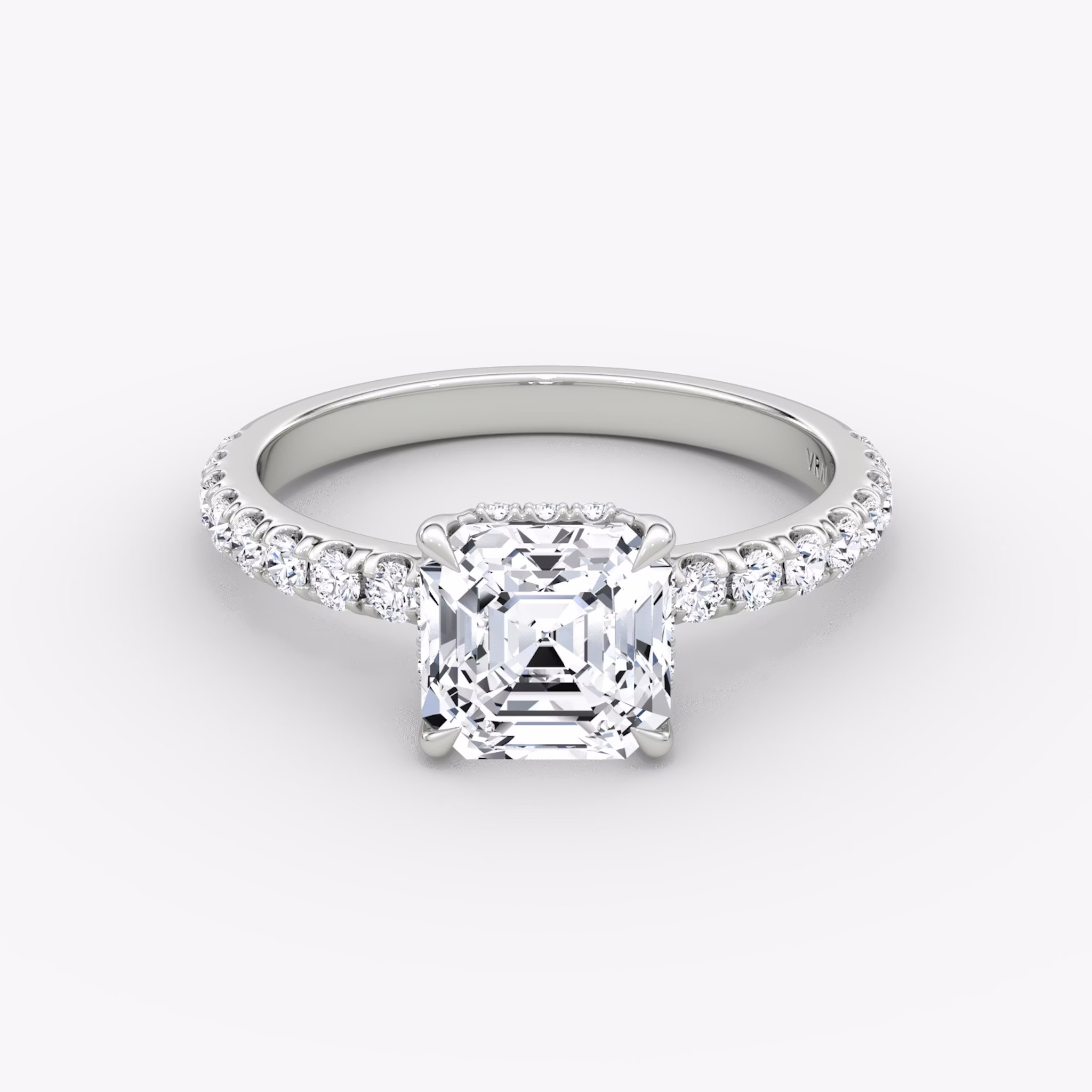 The Signature | Asscher | 18k | White Gold | bandAccent: Pavé | bandWidth: large | hiddenHalo: yes | diamondOrientation: vertical | caratWeight: other