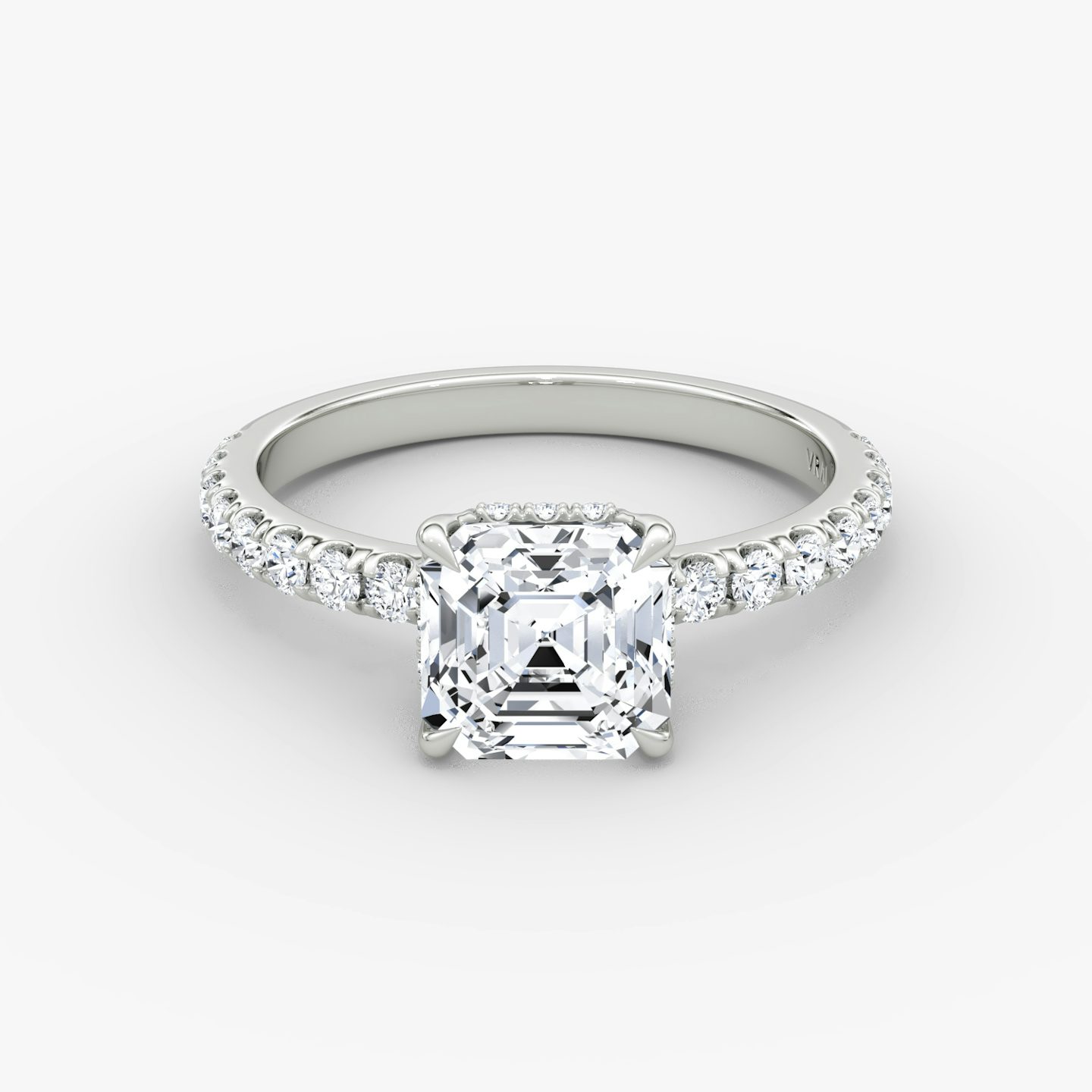The Signature | Asscher | 18k | White Gold | bandAccent: Pavé | bandWidth: large | hiddenHalo: yes | diamondOrientation: vertical | caratWeight: other