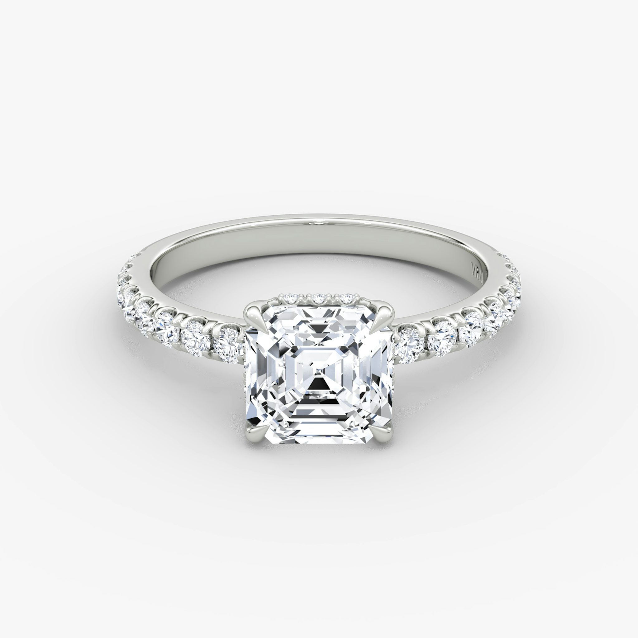 The Signature | Asscher | 18k | White Gold | bandAccent: Pavé | bandWidth: large | hiddenHalo: yes | diamondOrientation: vertical | caratWeight: other