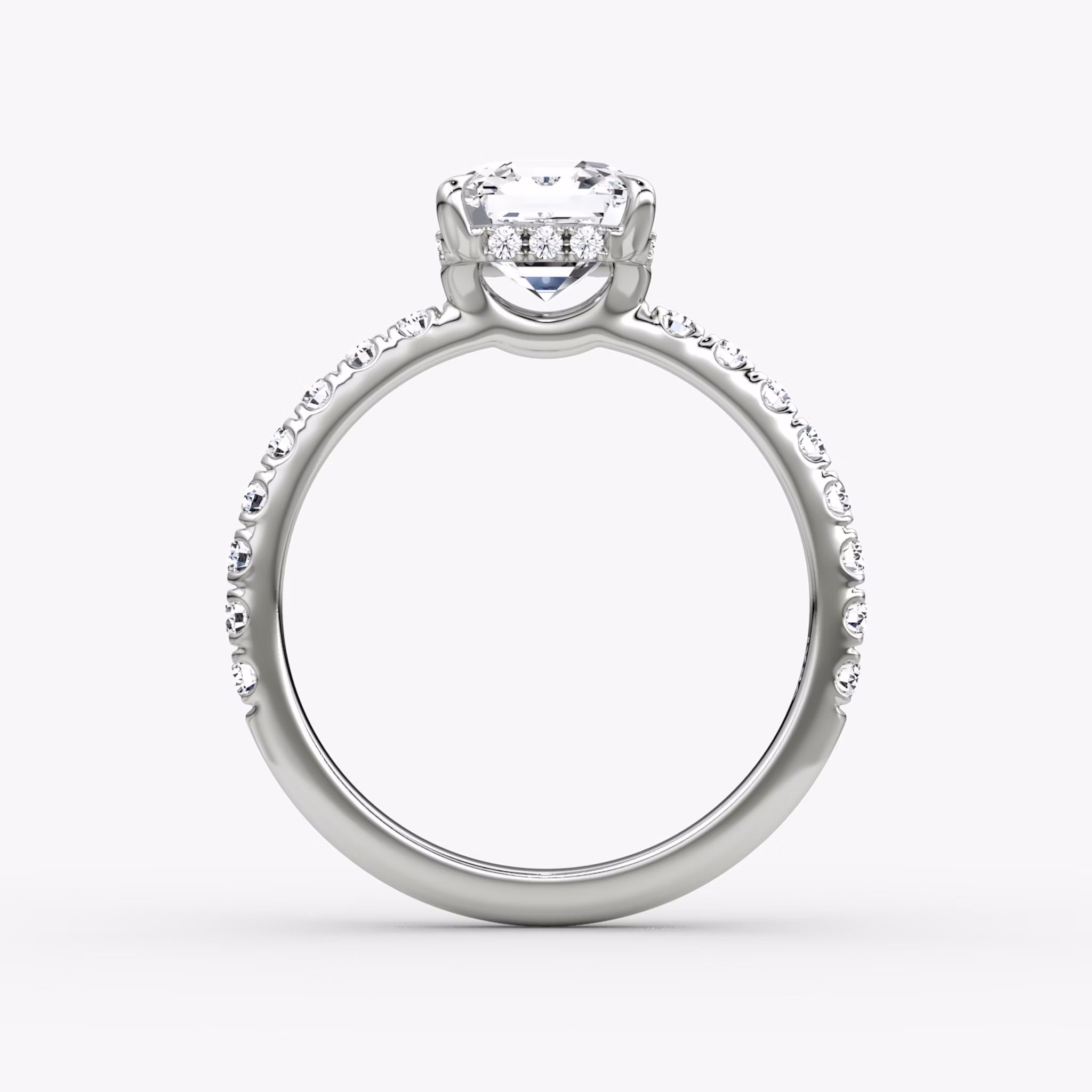 The Signature | Asscher | 18k | White Gold | bandAccent: Pavé | bandWidth: large | hiddenHalo: yes | diamondOrientation: vertical | caratWeight: other
