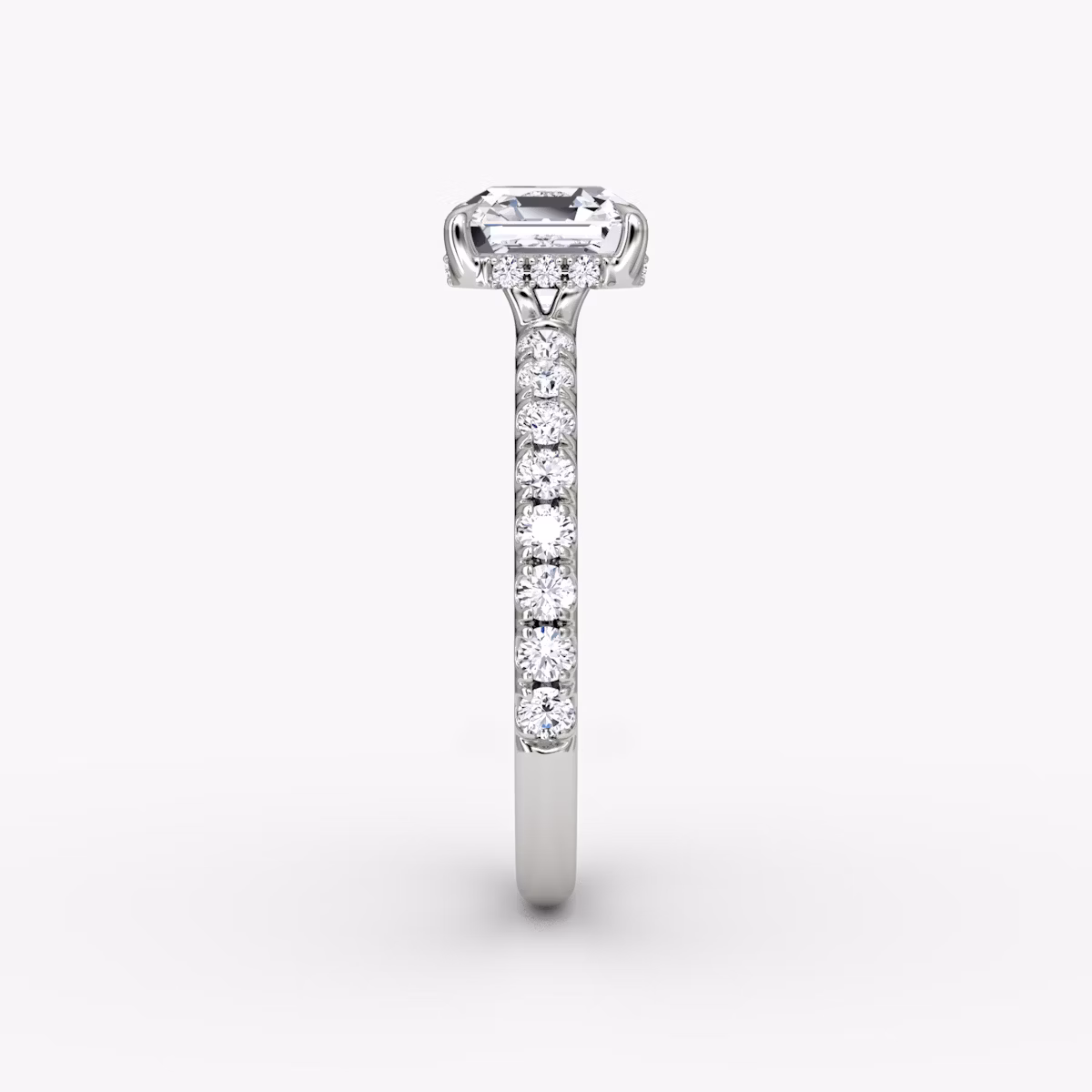 The Signature | Asscher | 18k | White Gold | bandAccent: Pavé | bandWidth: large | hiddenHalo: yes | diamondOrientation: horizontal | caratWeight: other