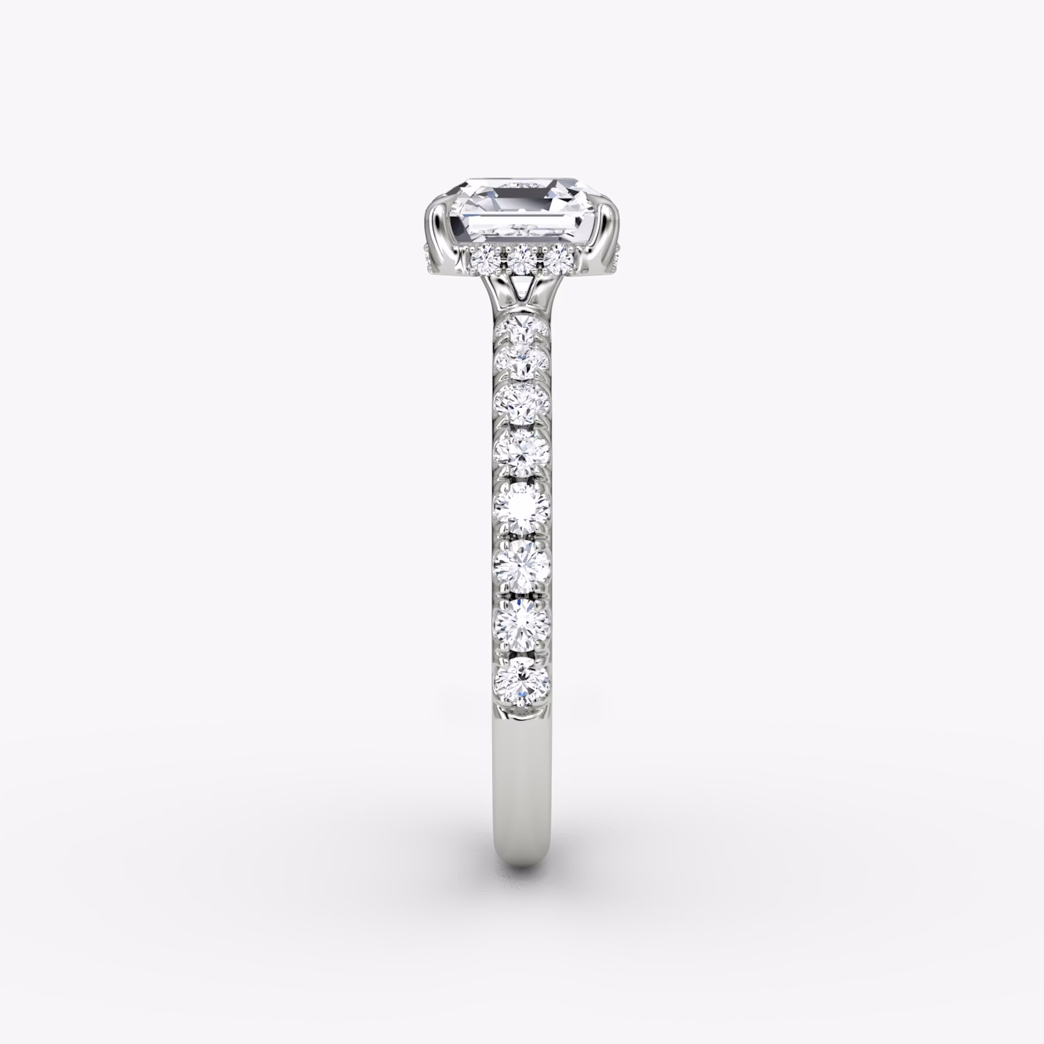 The Signature | Asscher | 18k | White Gold | bandAccent: Pavé | bandWidth: large | hiddenHalo: yes | diamondOrientation: vertical | caratWeight: other
