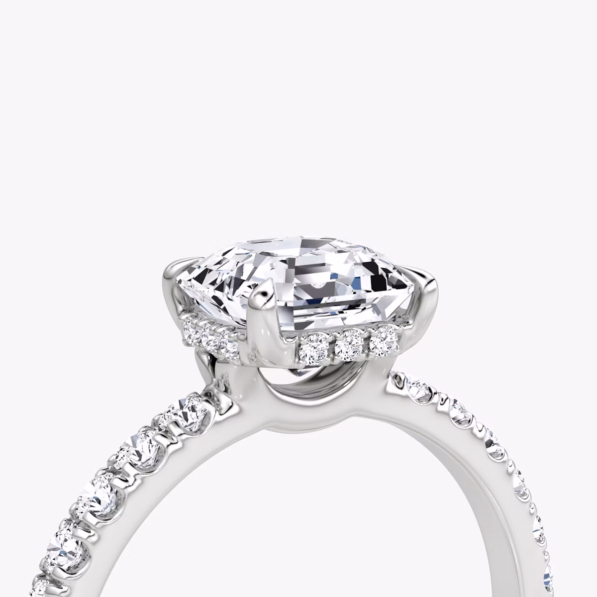 The Signature | Asscher | 18k | White Gold | bandAccent: Pavé | bandWidth: large | hiddenHalo: yes | diamondOrientation: horizontal | caratWeight: other