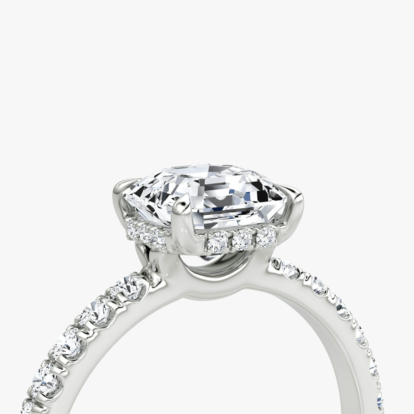 The Signature | Asscher | 18k | White Gold | bandAccent: Pavé | bandWidth: large | hiddenHalo: yes | diamondOrientation: vertical | caratWeight: other