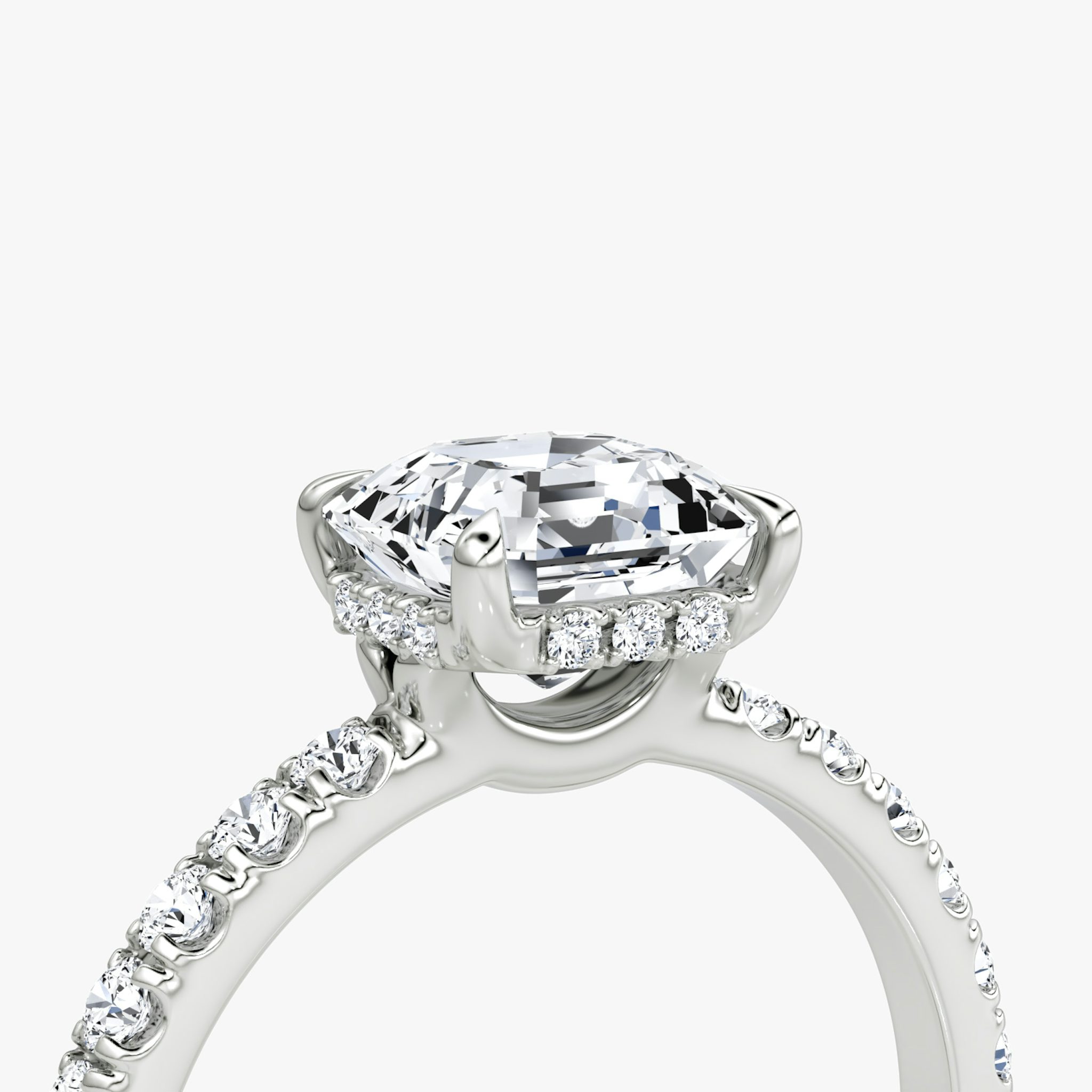 The Signature | Asscher | 18k | White Gold | bandAccent: Pavé | bandWidth: large | hiddenHalo: yes | diamondOrientation: vertical | caratWeight: other