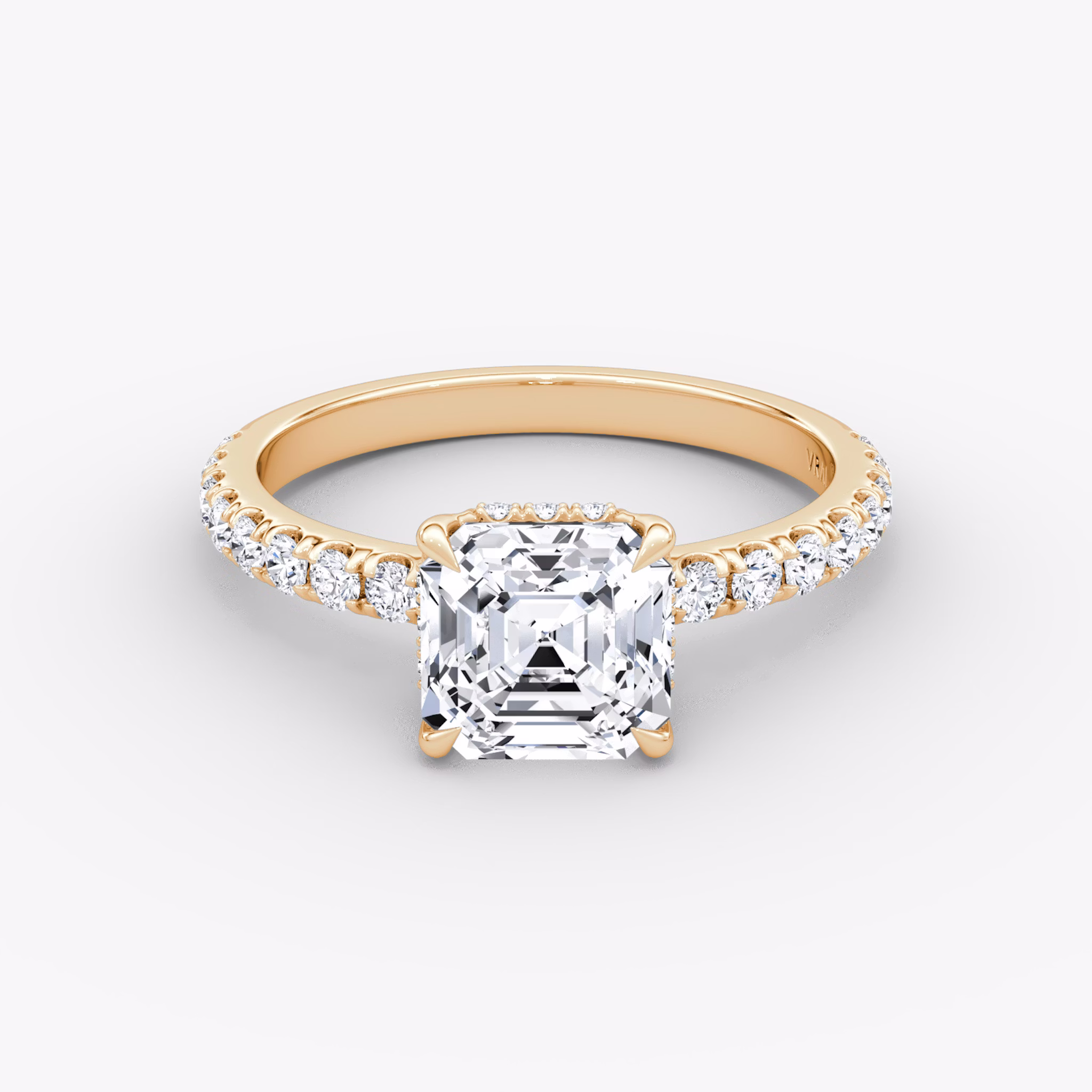 The Signature | Asscher | 14k | Rose Gold | bandAccent: Pavé | bandWidth: large | hiddenHalo: yes | diamondOrientation: vertical | caratWeight: other