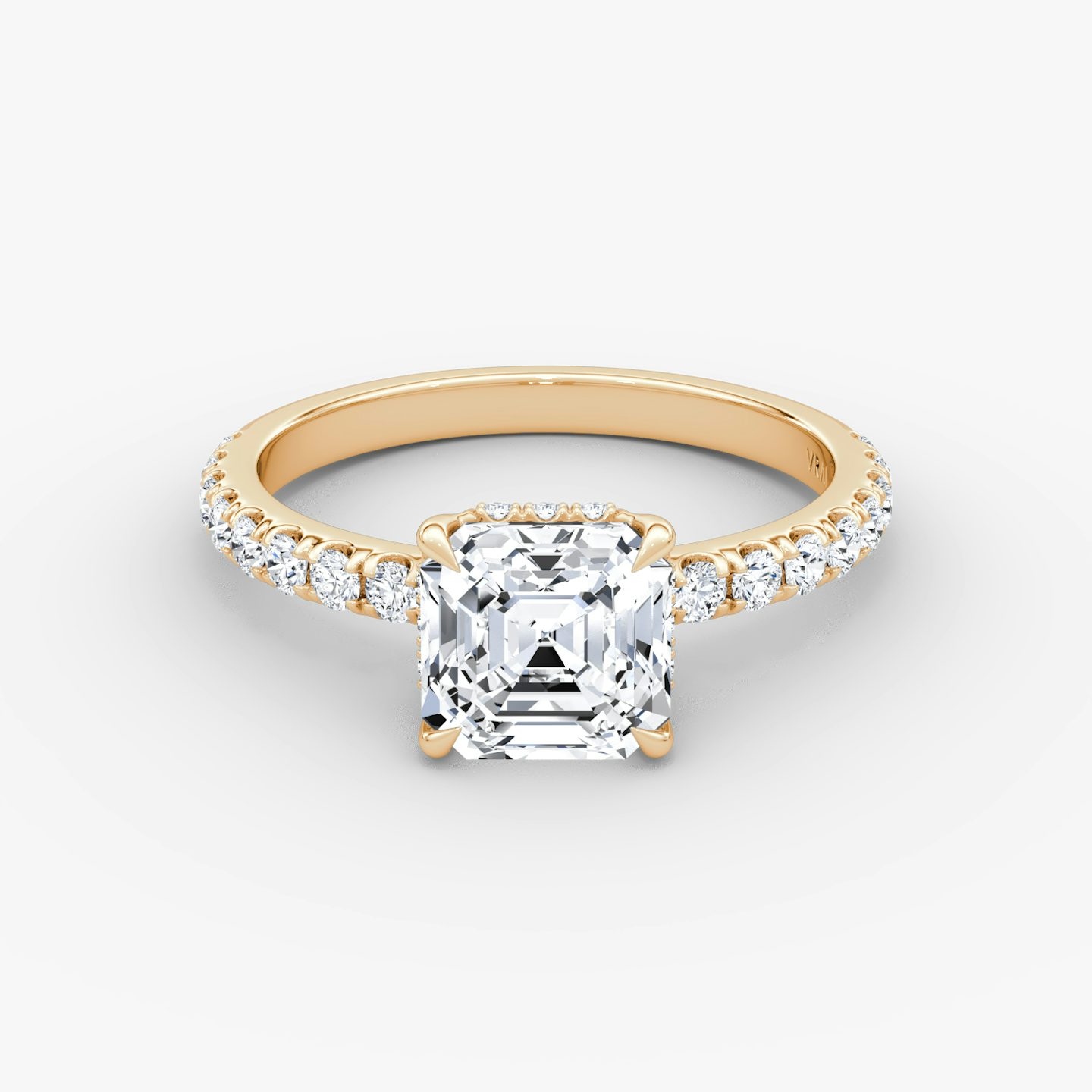 The Signature | Asscher | 14k | Rose Gold | bandAccent: Pavé | bandWidth: large | hiddenHalo: yes | diamondOrientation: horizontal | caratWeight: other