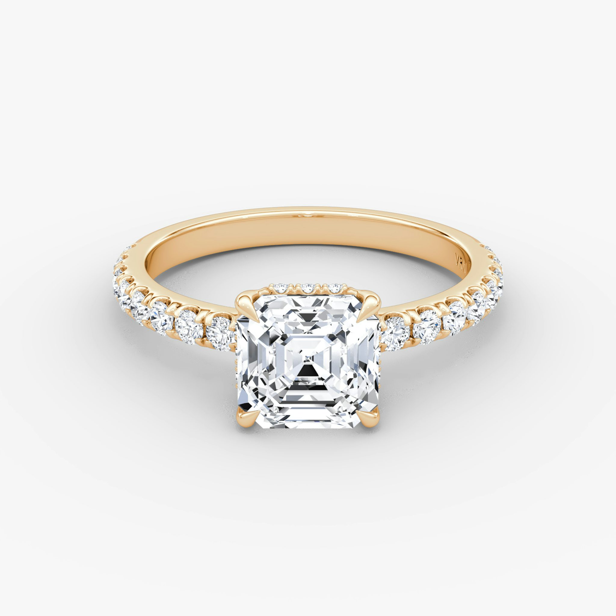 The Signature | Asscher | 14k | Rose Gold | bandAccent: Pavé | bandWidth: large | hiddenHalo: yes | diamondOrientation: vertical | caratWeight: other