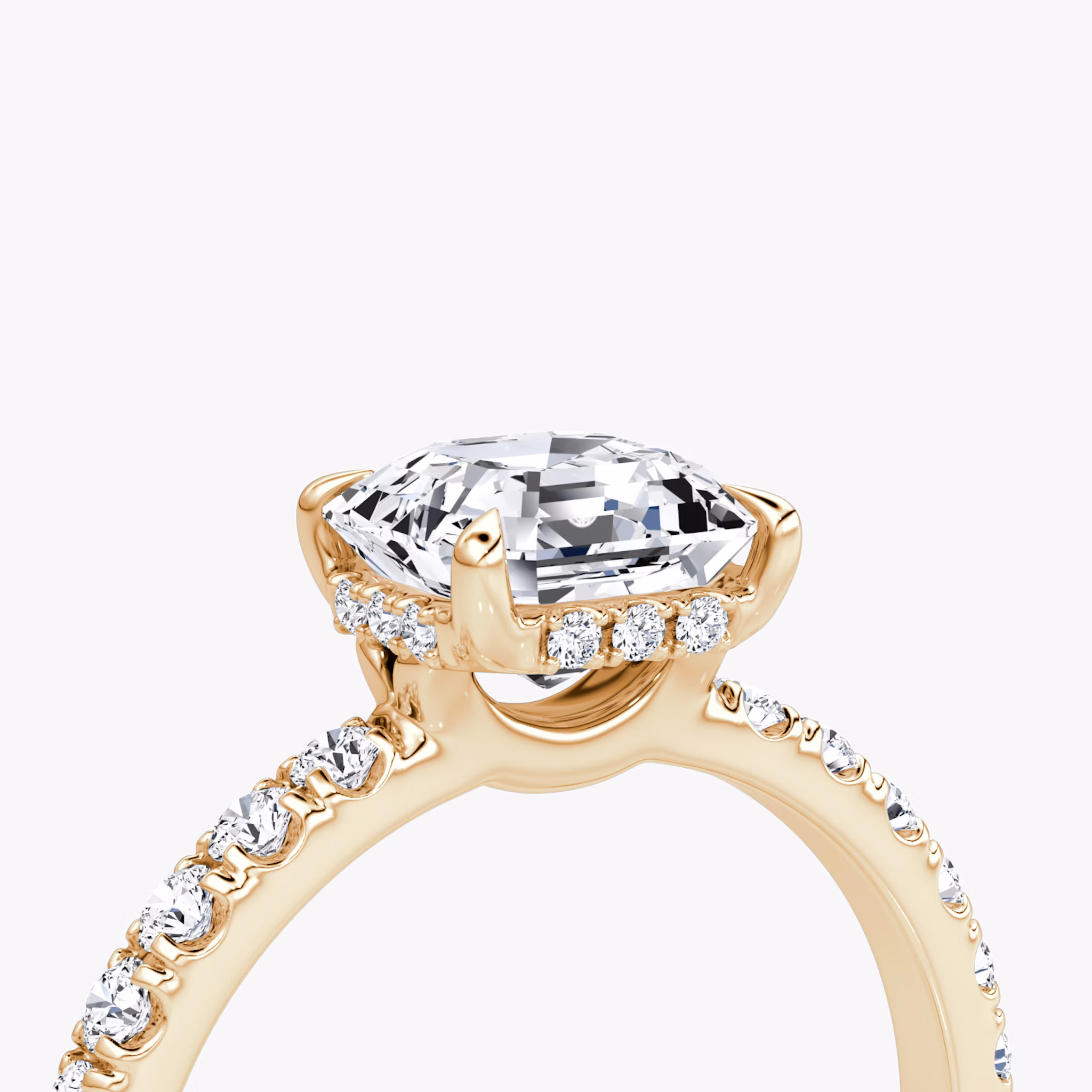 The Signature | Asscher | 14k | Rose Gold | bandAccent: Pavé | bandWidth: large | hiddenHalo: yes | diamondOrientation: vertical | caratWeight: other