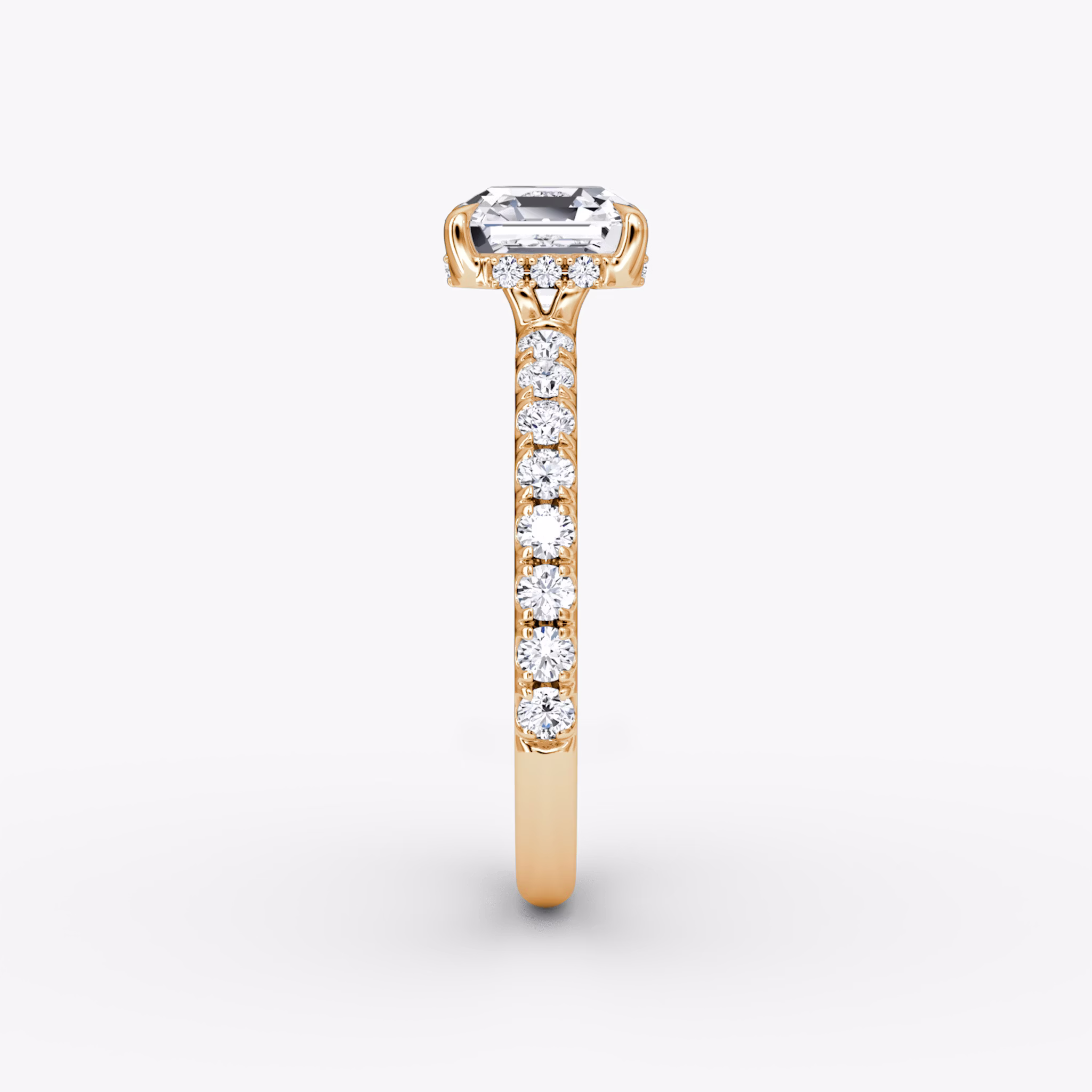 The Signature | Asscher | 14k | Rose Gold | bandAccent: Pavé | bandWidth: large | hiddenHalo: yes | diamondOrientation: vertical | caratWeight: other