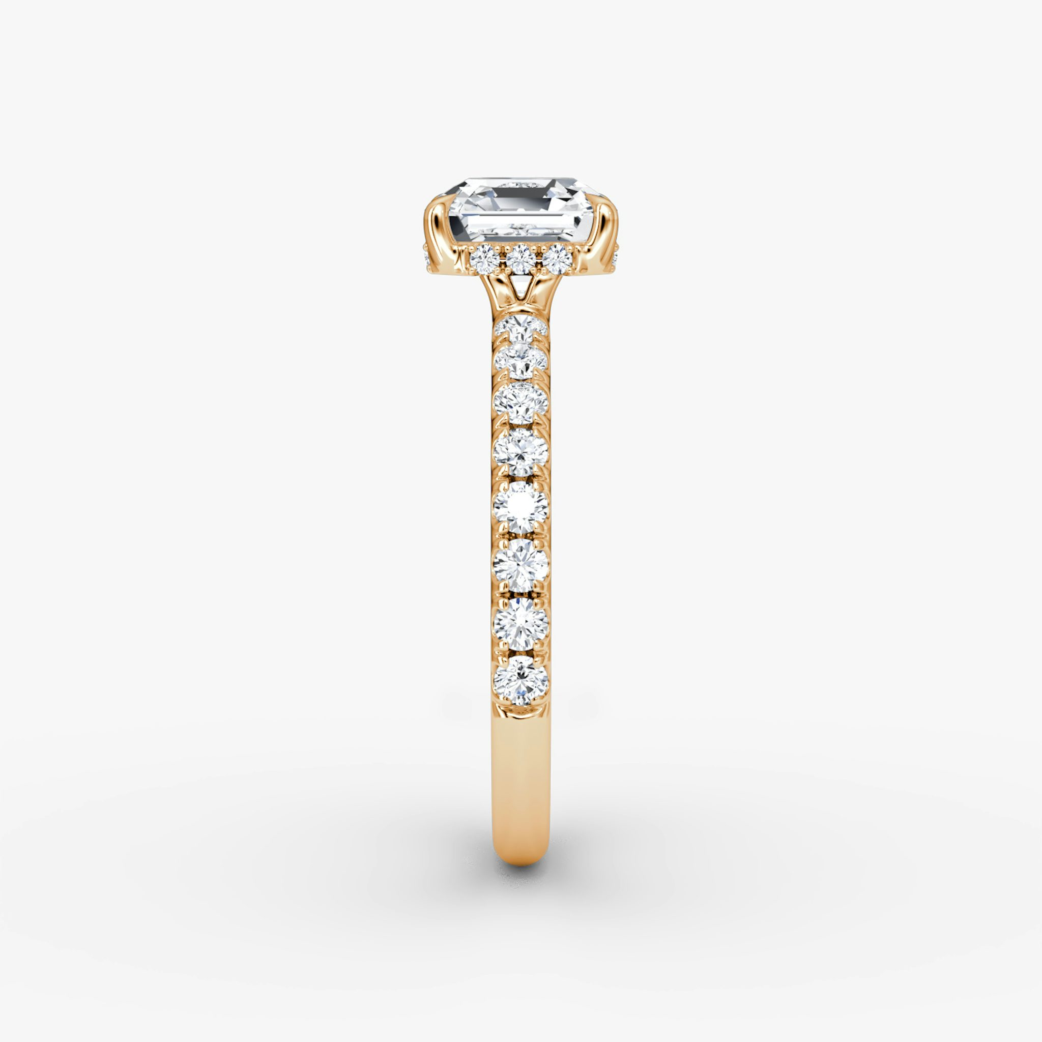 The Signature | Asscher | 14k | Rose Gold | bandAccent: Pavé | bandWidth: large | hiddenHalo: yes | diamondOrientation: vertical | caratWeight: other