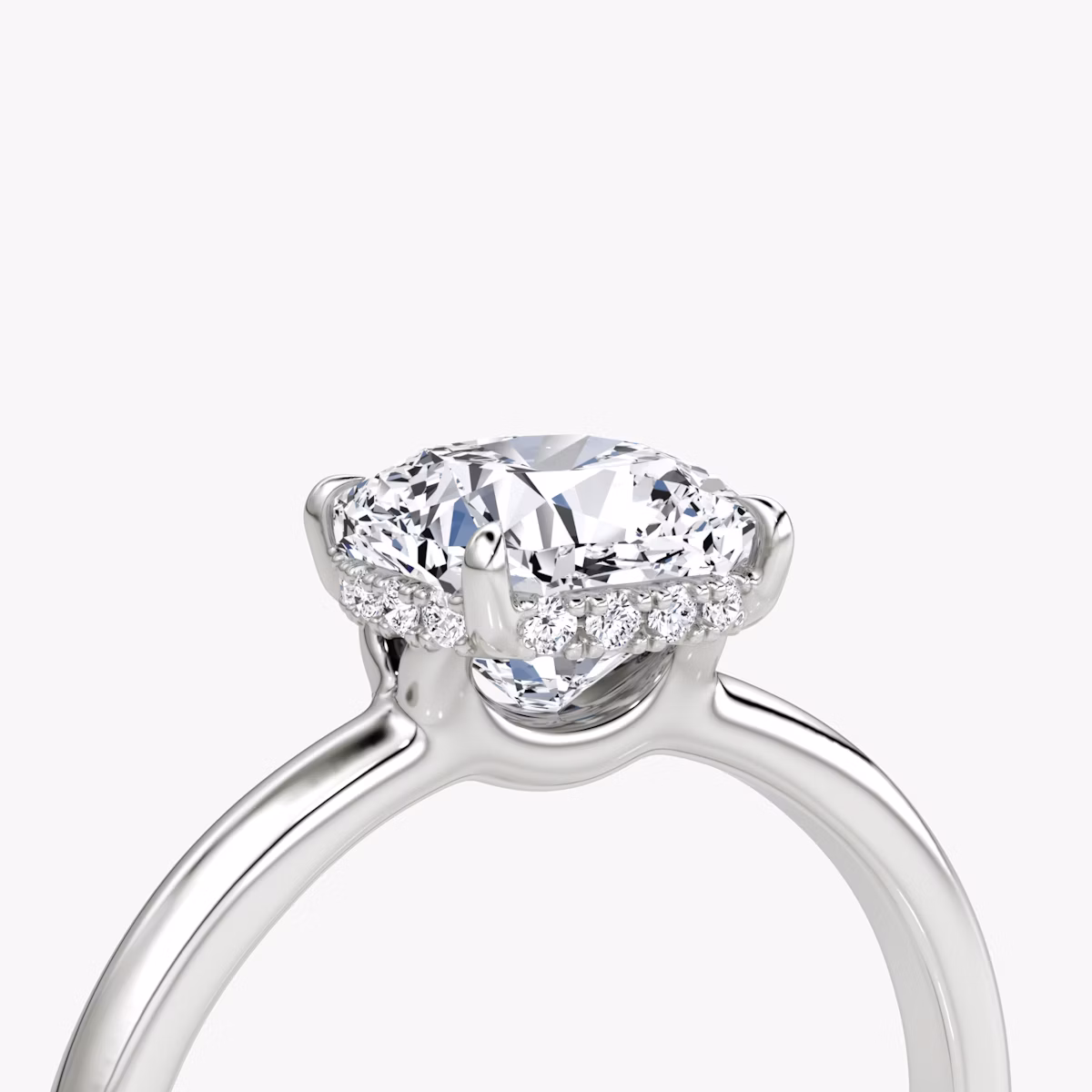 The Signature | Cushion | 18k | White Gold | bandAccent: Plain | bandWidth: large | hiddenHalo: yes | diamondOrientation: vertical | caratWeight: other
