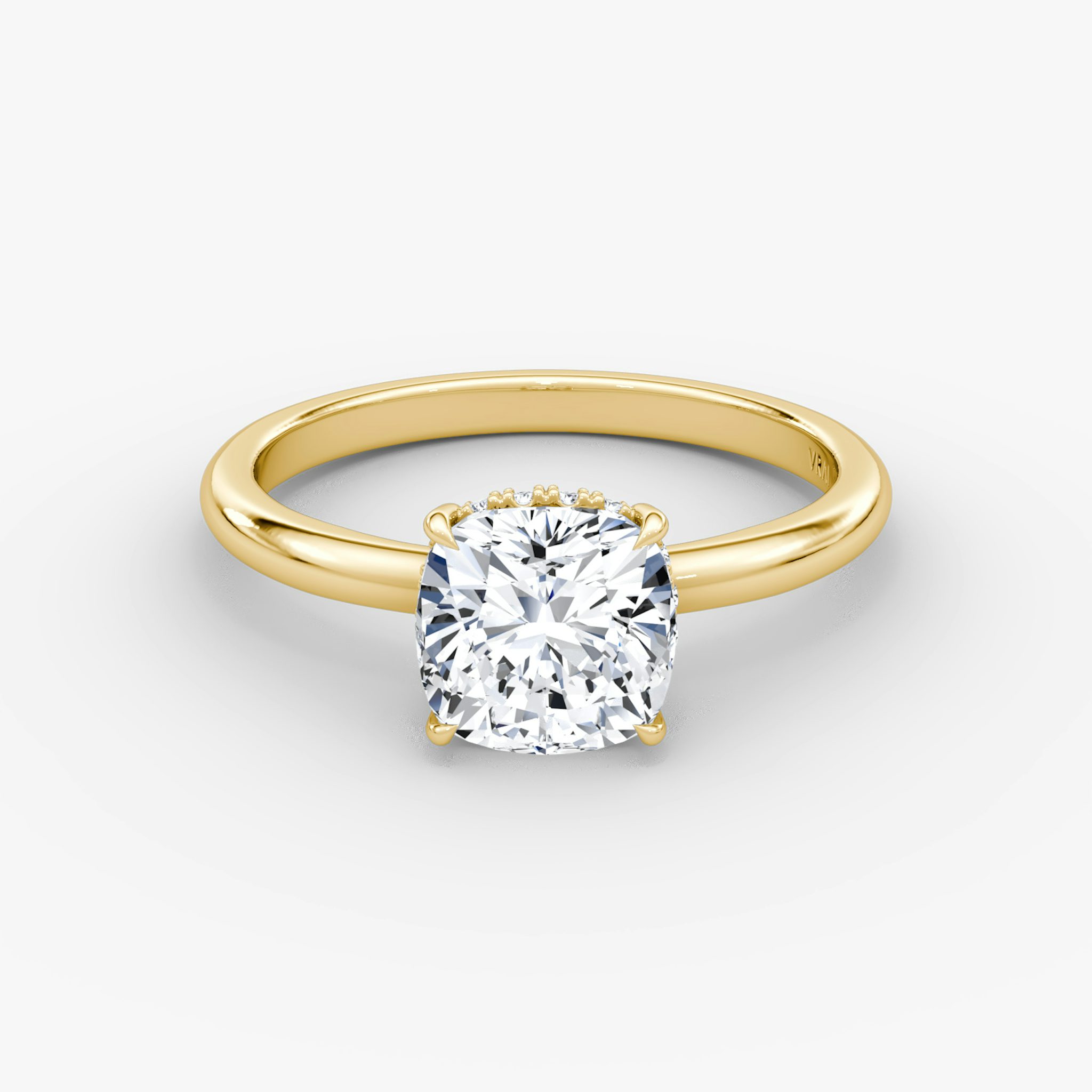 The Signature | Cushion | 18k | Yellow Gold | bandAccent: Plain | bandWidth: large | hiddenHalo: yes | diamondOrientation: vertical | caratWeight: other