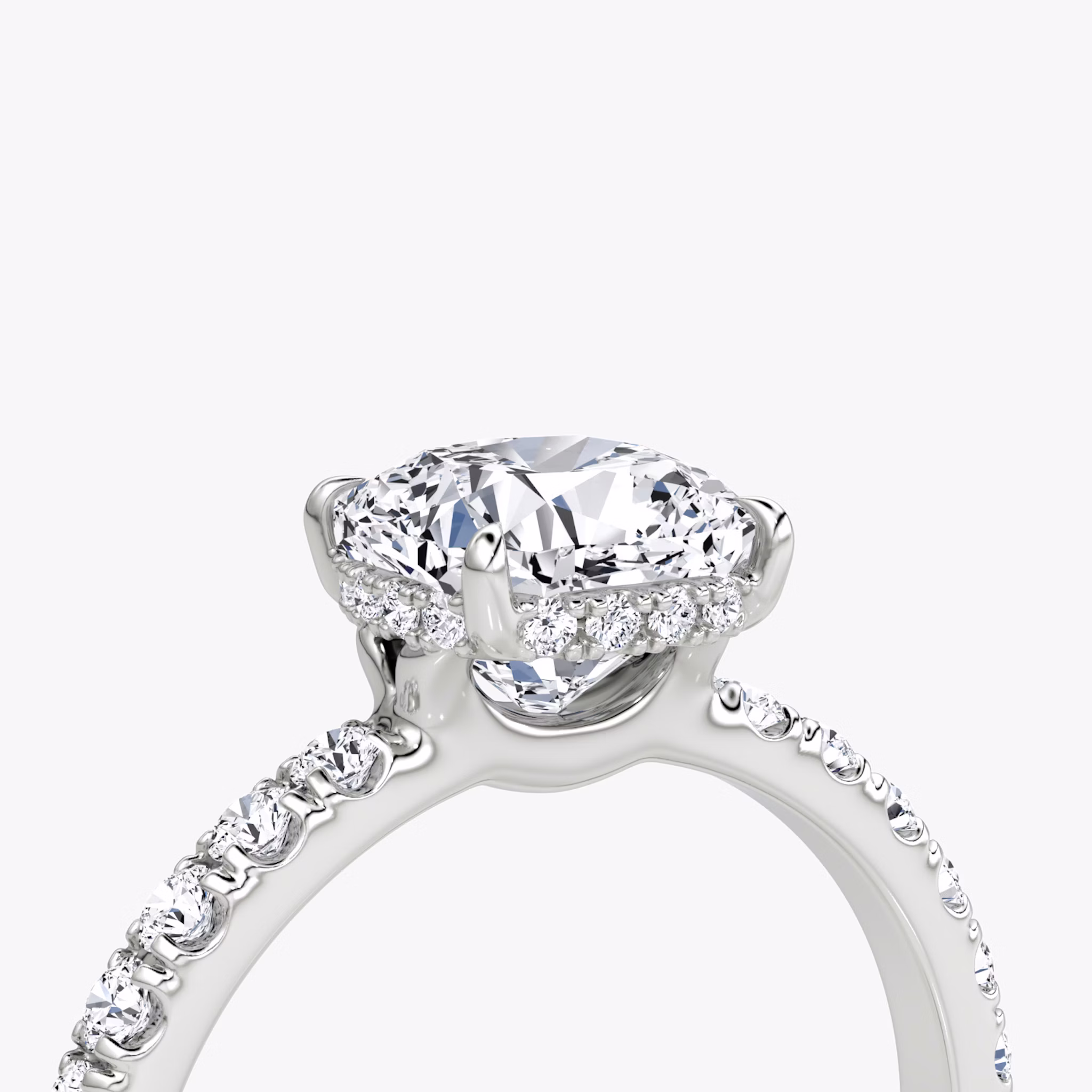 The Signature | Cushion | 18k | White Gold | bandAccent: Pavé | bandWidth: large | hiddenHalo: yes | diamondOrientation: vertical | caratWeight: other