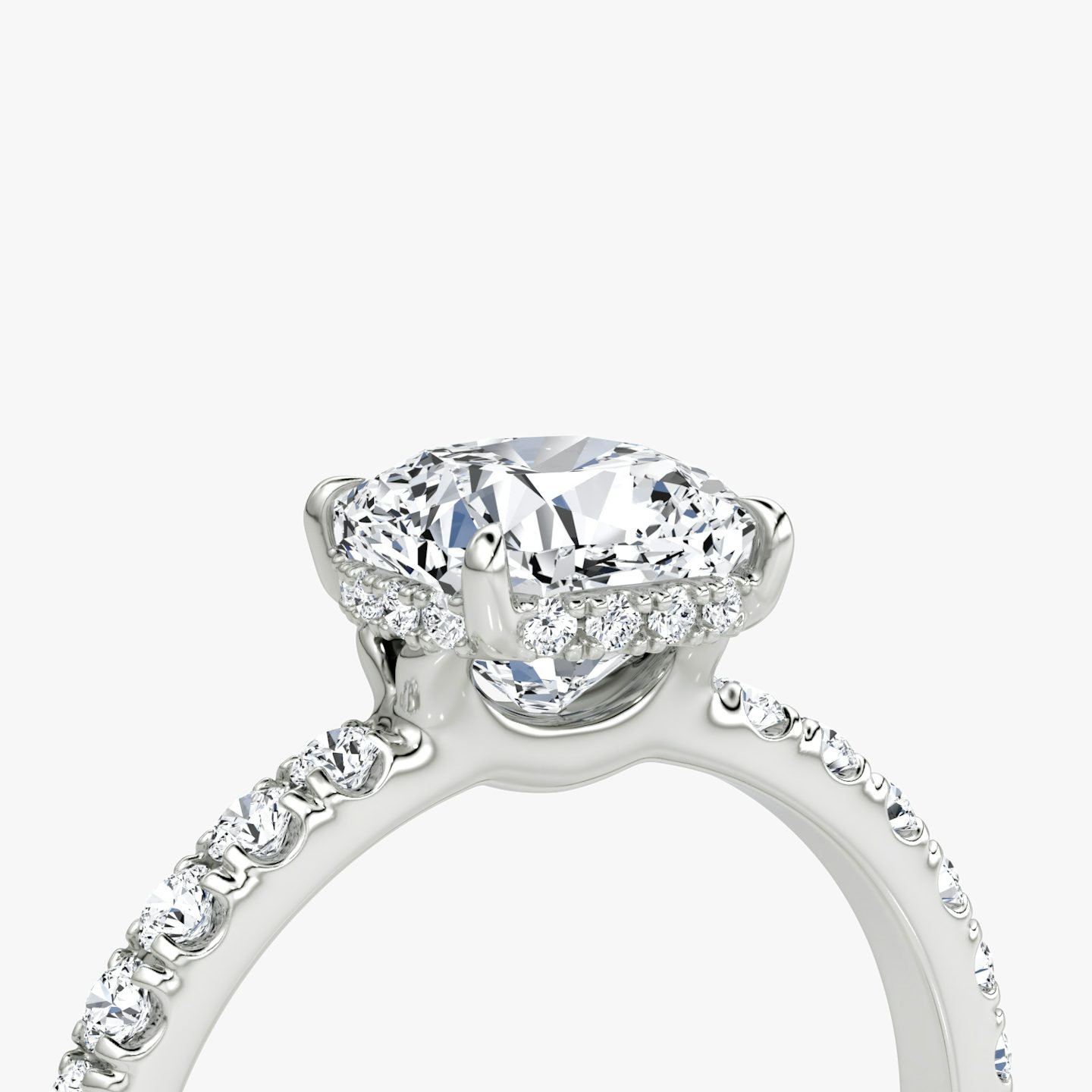 The Signature | Cushion | 18k | White Gold | bandAccent: Pavé | bandWidth: large | hiddenHalo: yes | diamondOrientation: vertical | caratWeight: other