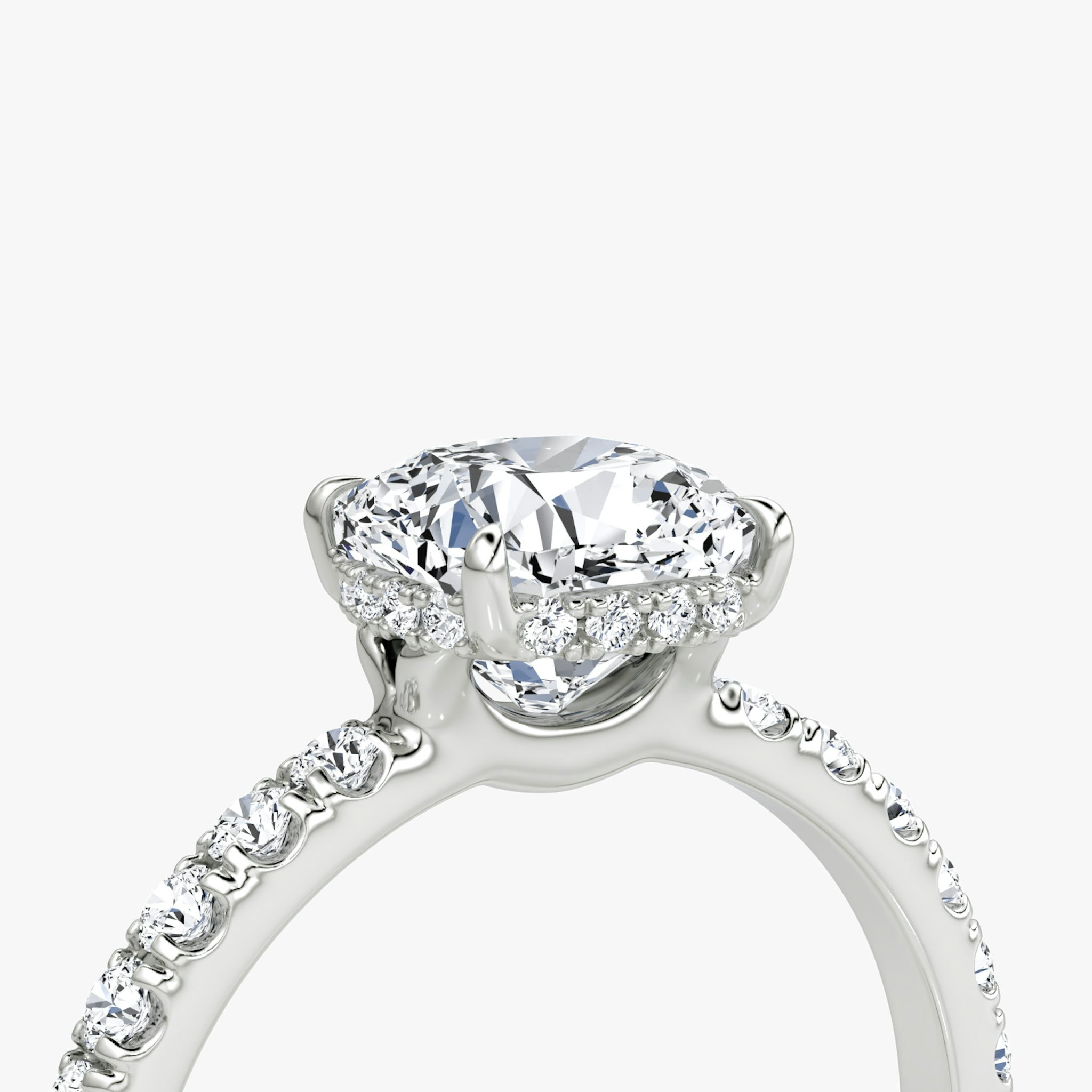 The Signature | Cushion | 18k | White Gold | bandAccent: Pavé | bandWidth: large | hiddenHalo: yes | diamondOrientation: vertical | caratWeight: other