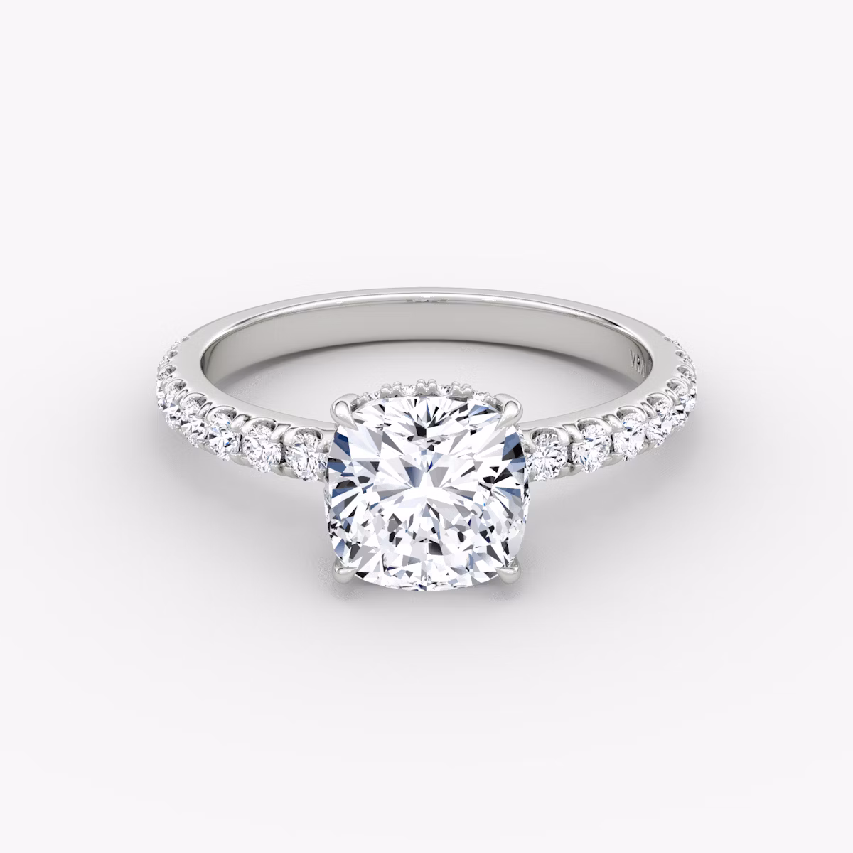 The Signature | Cushion | 18k | White Gold | bandAccent: Pavé | bandWidth: large | hiddenHalo: yes | diamondOrientation: vertical | caratWeight: other