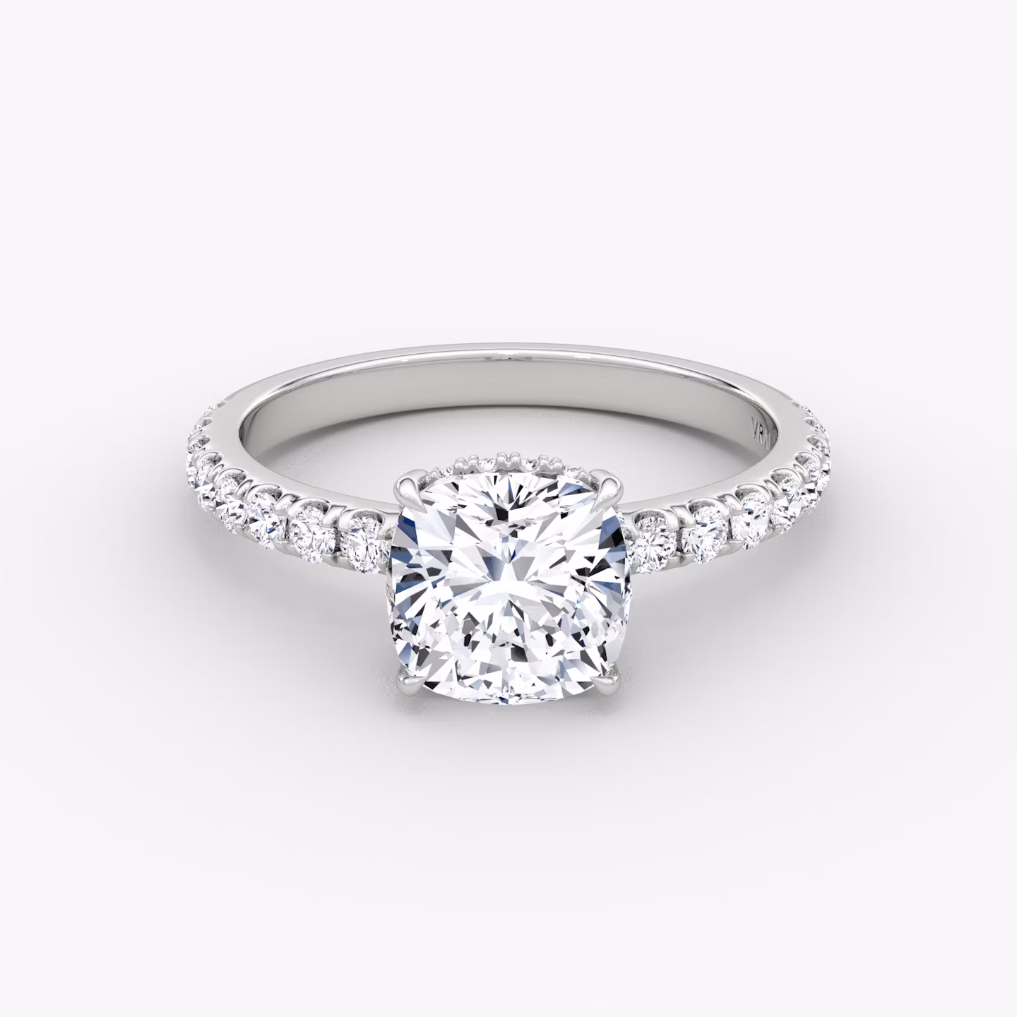 The Signature | Cushion | 18k | White Gold | bandAccent: Pavé | bandWidth: large | hiddenHalo: yes | diamondOrientation: vertical | caratWeight: other