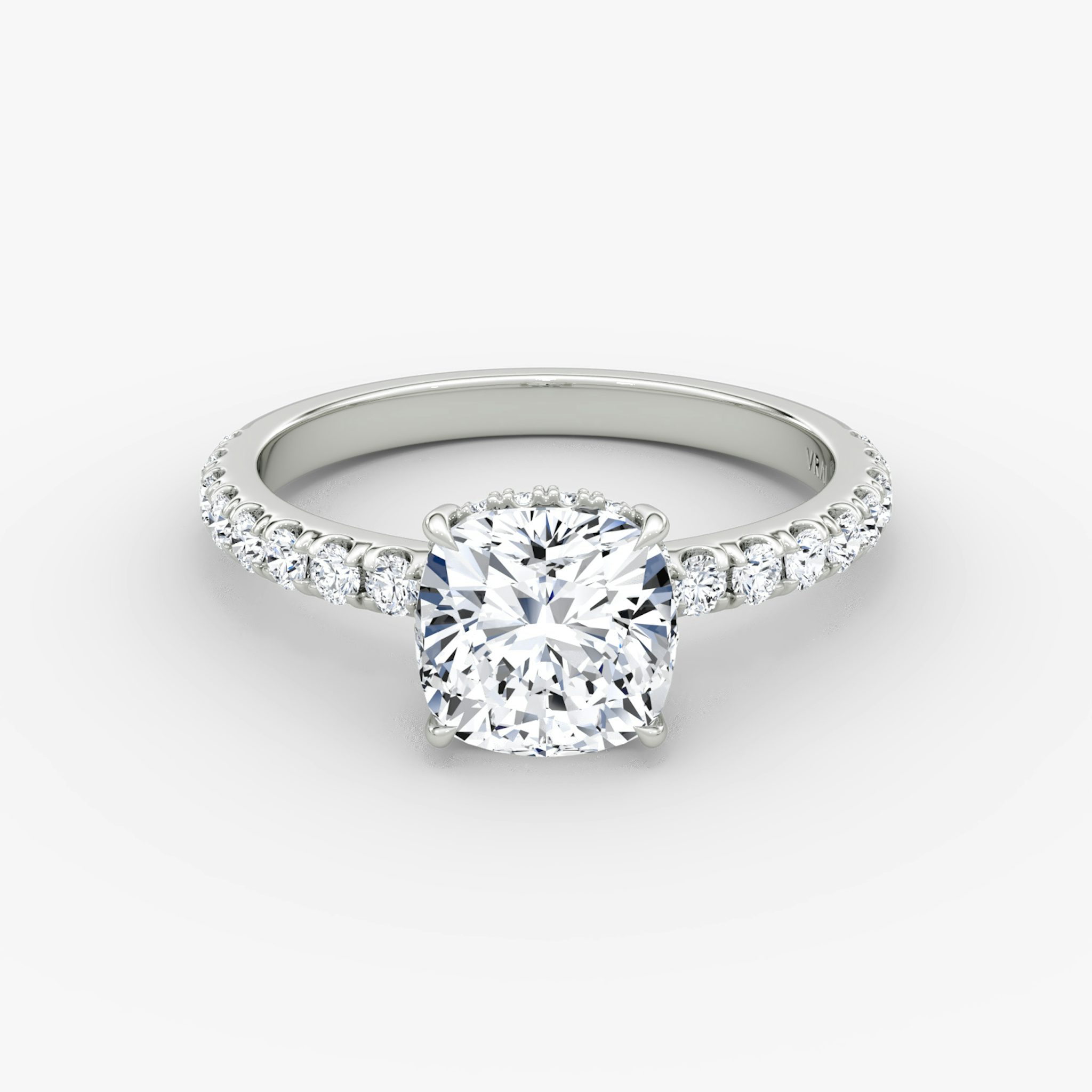 The Signature | Cushion | 18k | White Gold | bandAccent: Pavé | bandWidth: large | hiddenHalo: yes | diamondOrientation: vertical | caratWeight: other