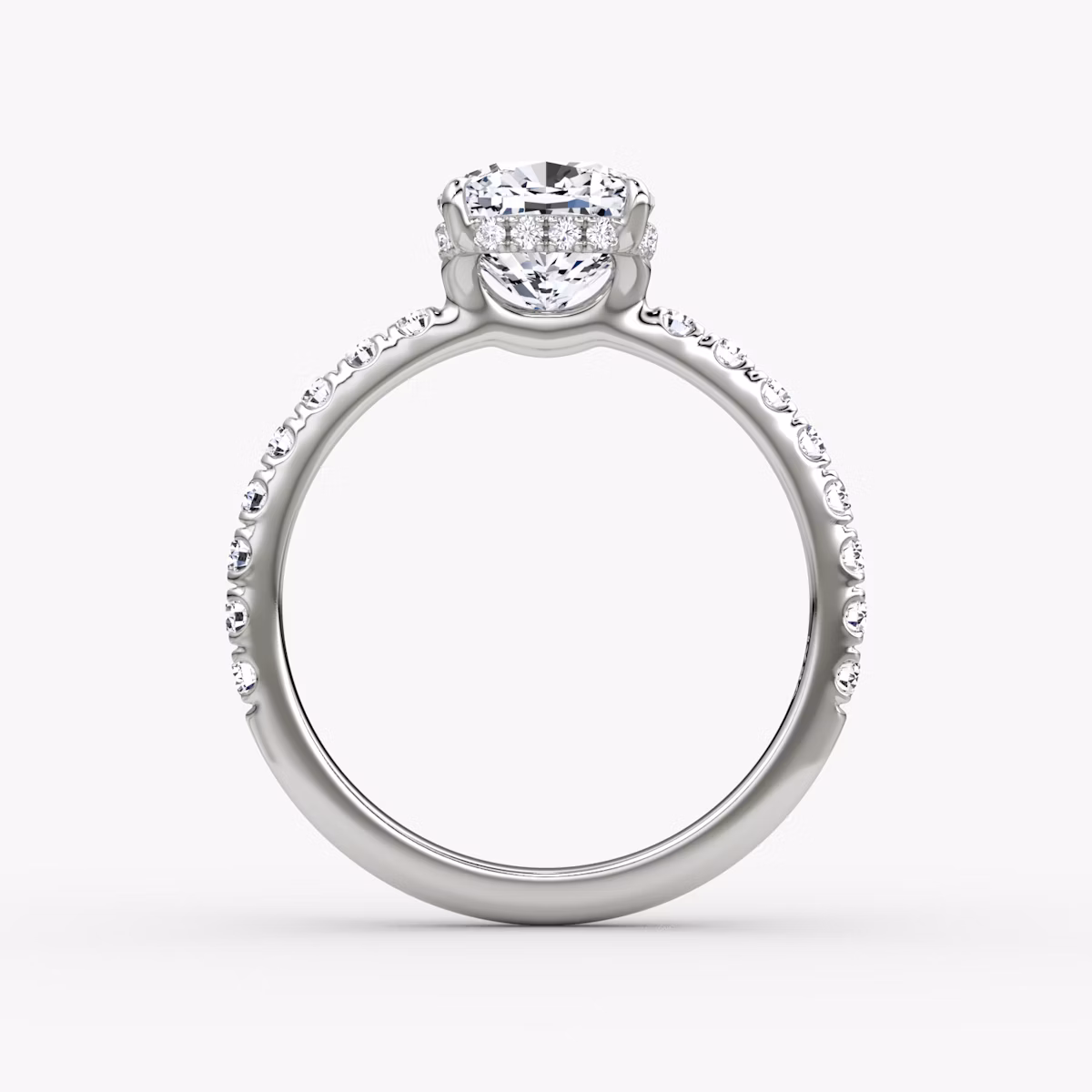 The Signature | Cushion | 18k | White Gold | bandAccent: Pavé | bandWidth: large | hiddenHalo: yes | diamondOrientation: vertical | caratWeight: other