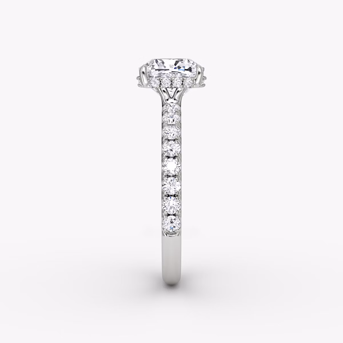 The Signature | Cushion | 18k | White Gold | bandAccent: Pavé | bandWidth: large | hiddenHalo: yes | diamondOrientation: vertical | caratWeight: other